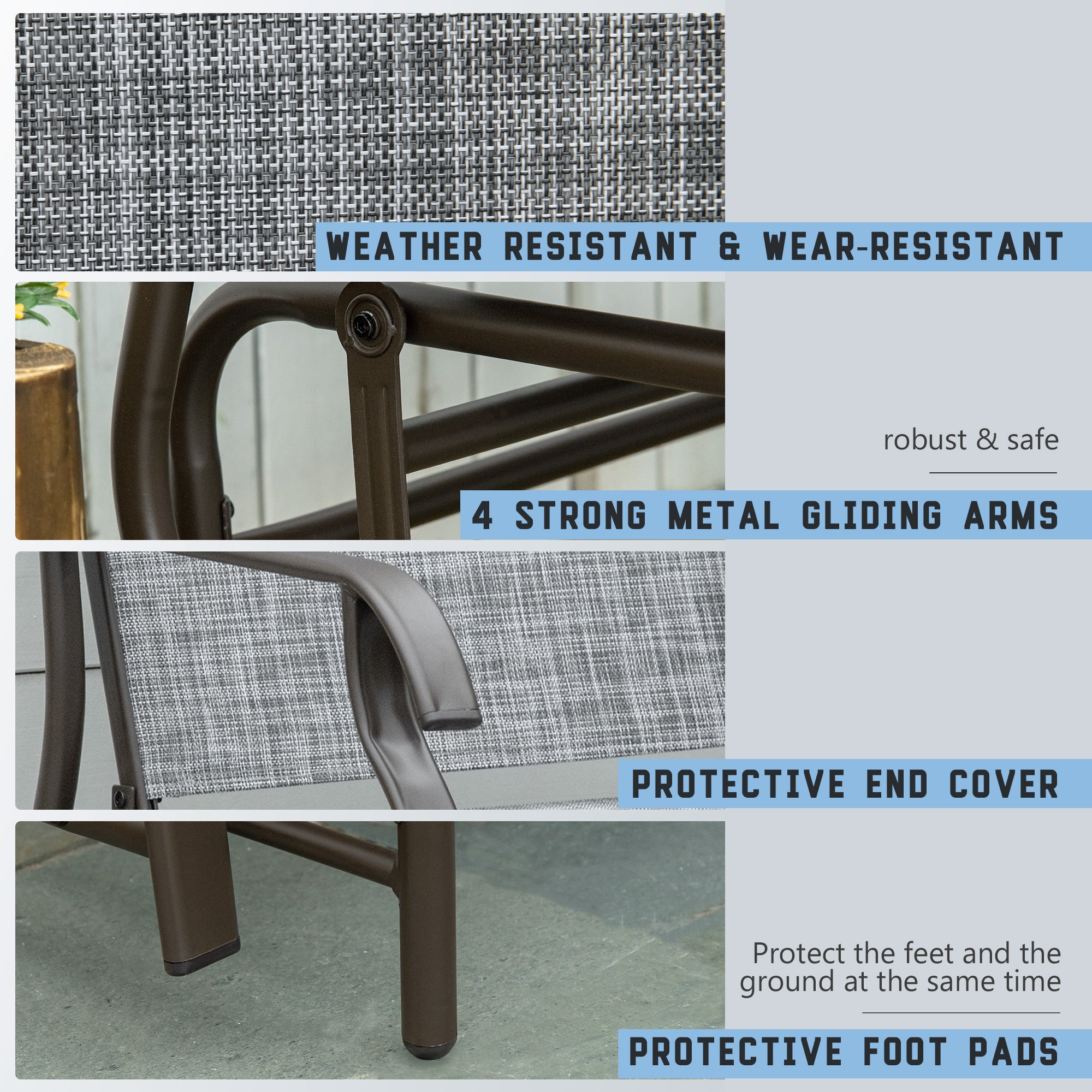 Outsunny 2 Seats Garden Glider Bench, Metal Frame Loveseat with Glass Top Centre Table, Porch Rocking Glider for 2 Person, for Deck, Patio, Brown/ Grey