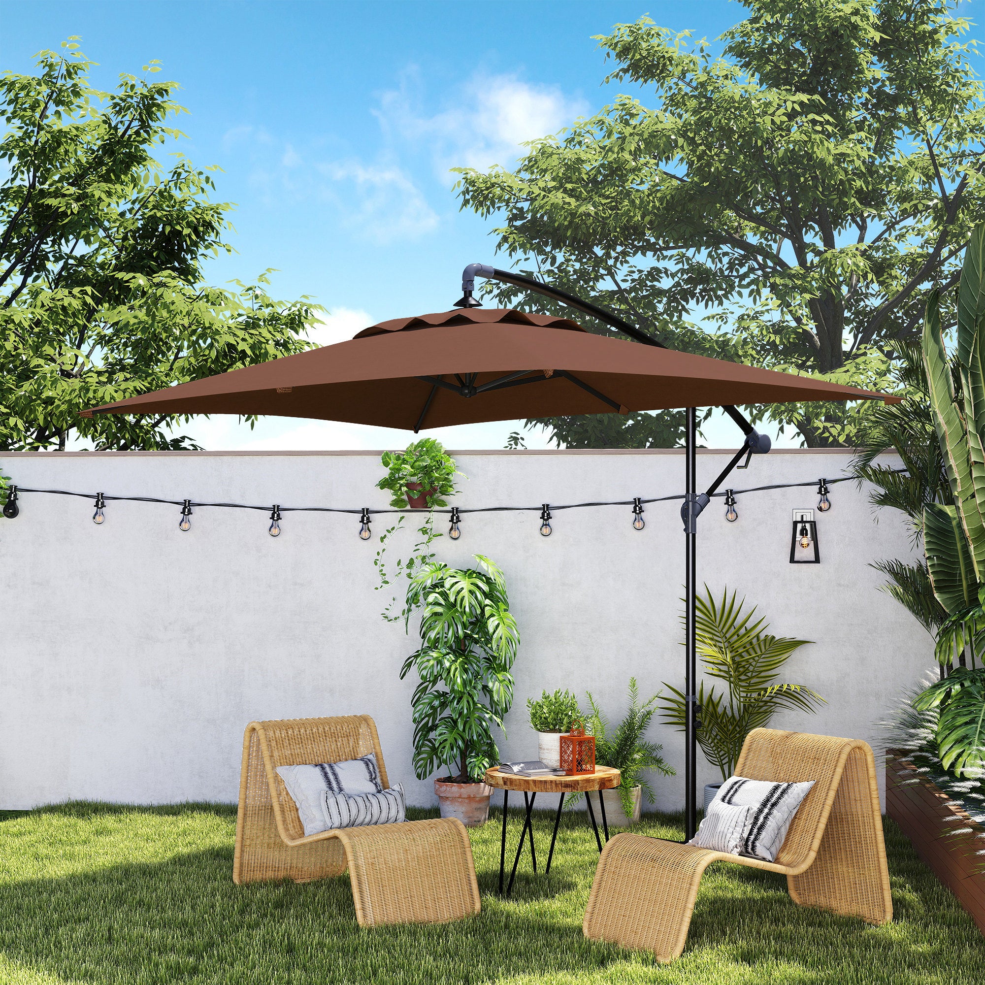 Outsunny 3m Square Canopy Cantilever Parasol, with Cross Base - Brown
