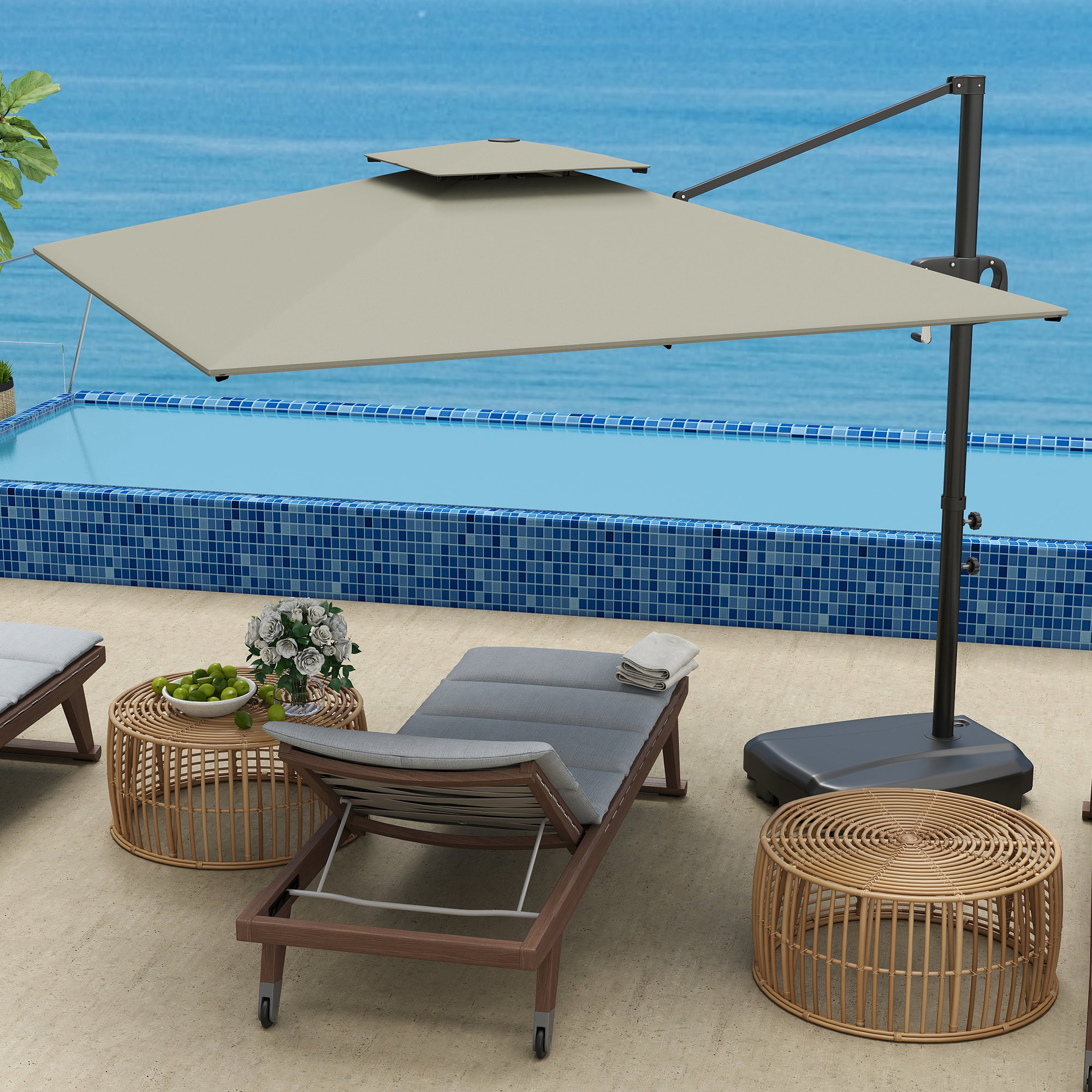 Outsunny Cantilever Parasol with Weighted Base Double Top Garden Parasol Square Hanging Patio Umbrella with Crank Tilt Light Grey