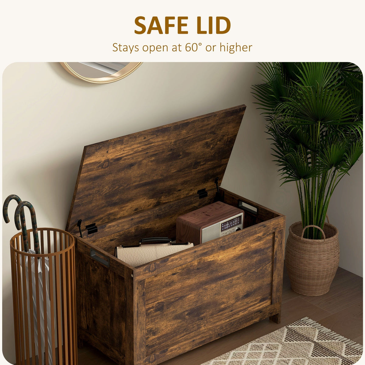 HOMCOM Storage Chest, Modern Storage Trunk with 2 Safety Hinges and Cut-out Handles, Wooden Toy Box for Living Room, Entryway, 76 x 40 x 48 cm, Rustic Brown
