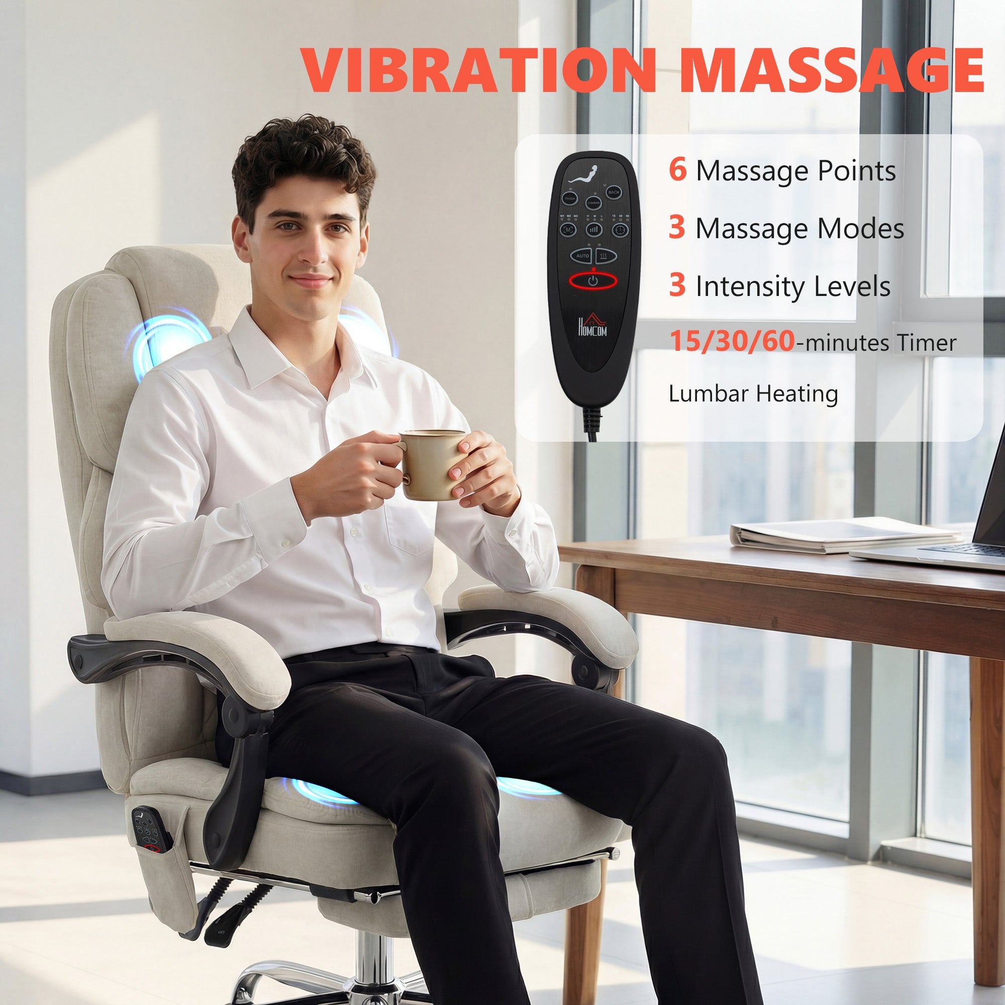 HOMCOM Office Chair with 6-point Vibration Massage and Heat, Fabric Desk Chair with Footrest, High Back, Cream White