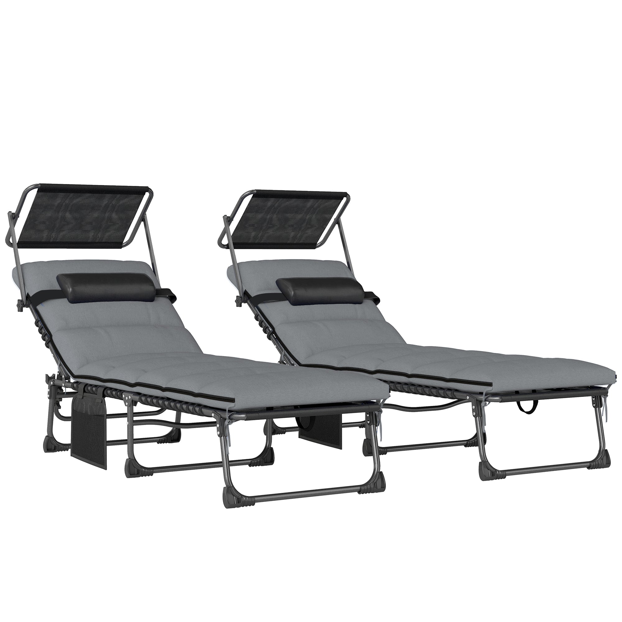Outsunny Folding Sun Loungers Set of 2 with Canopy, Reclining Sunbed with Cushion, Side Pocket, Carrying Handle, Light Grey