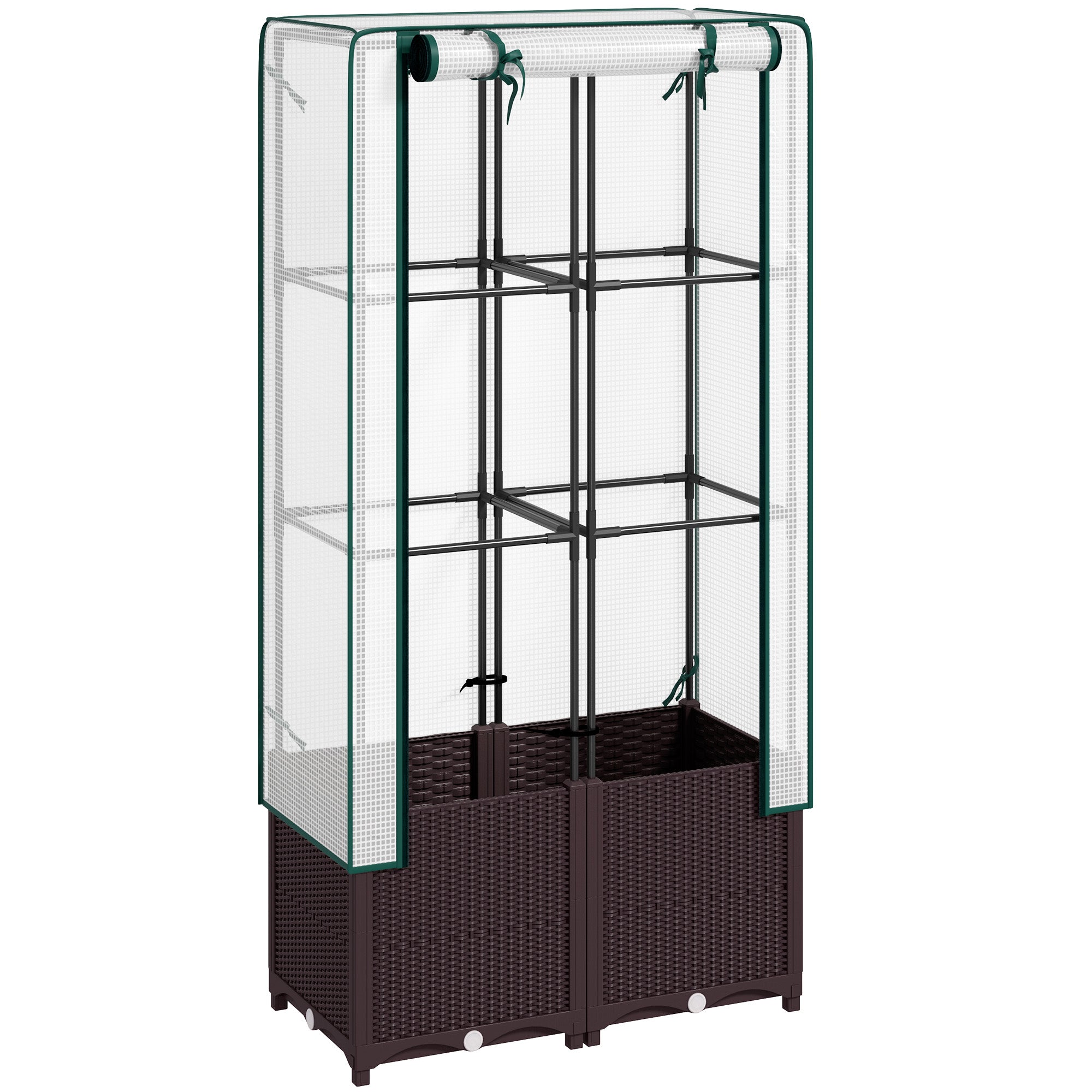 Outsunny Raised Garden Bed with Trellis, Plastic Planter Box with PE Cover, Drainage Holes, Drain Plugs and Water Reservoirs for Climbing Plants, Vegetables, Flowers, 80 x 40 x 140 cm