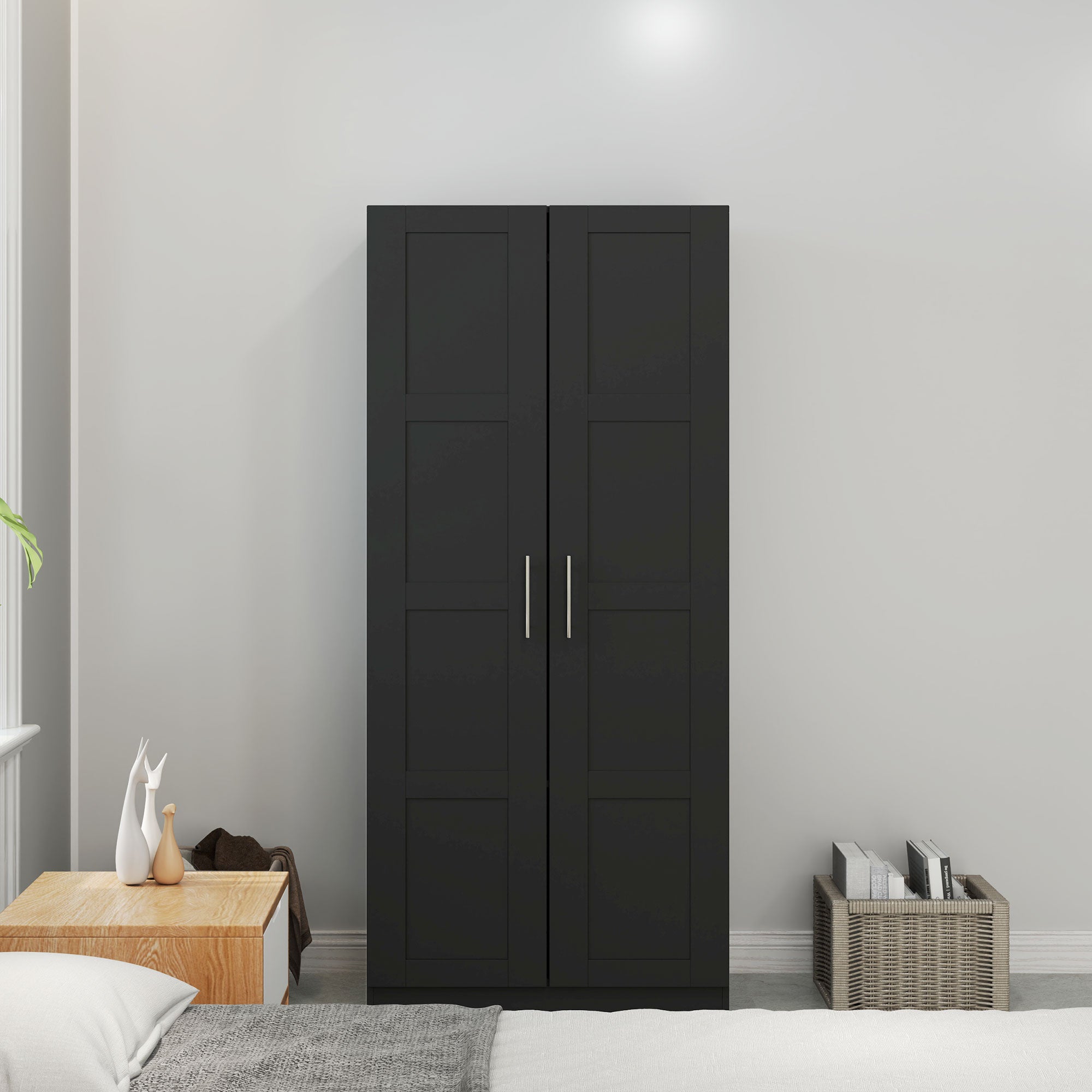 HOMCOM Double Panel Door Wardrobe, with Shelves - Black