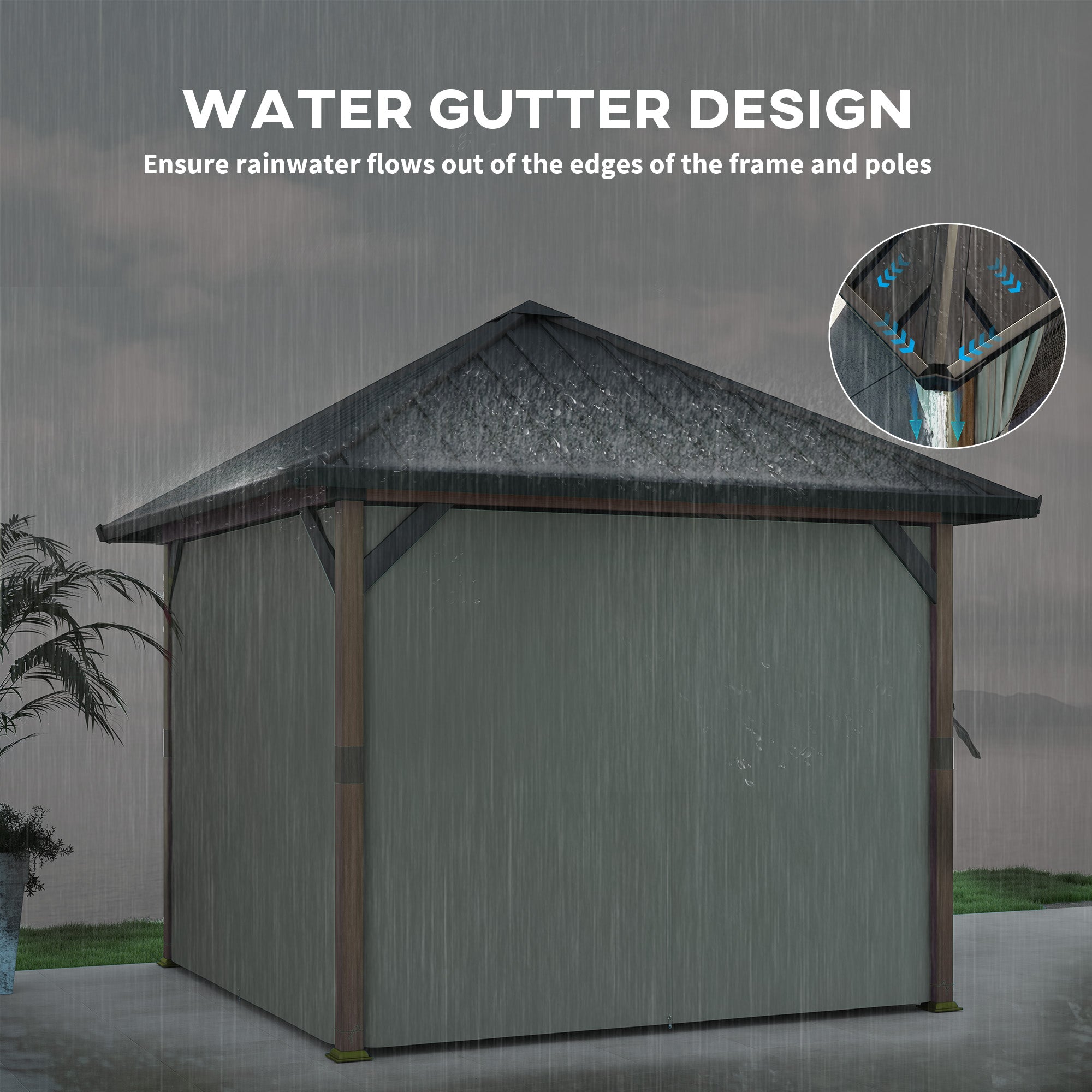 Outsunny 3 x 3(m) Hardtop Gazebo with Galvanised Steel Roof and Water Gutter, Waterproof Permanent Pavilion Garden Gazebo with Netting and Curtains for Patio, Deck, Walnut Wood Finish