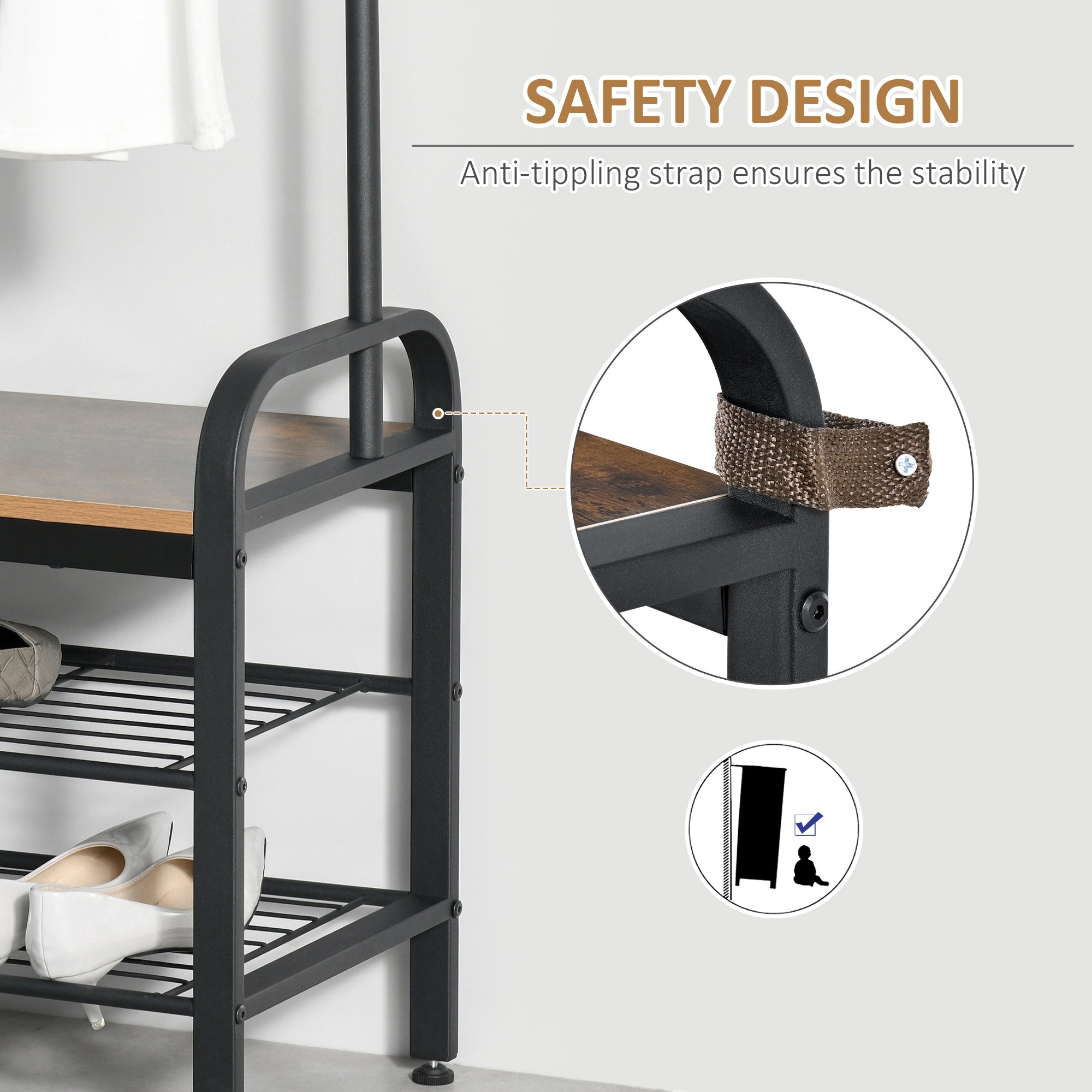 HOMCOM Coat Rack Stand Industrial hallway Shoe Rack Removable Hooks Metal Wood Hangers Storage Cabinet Rustic Brown 72L x 34W x 185H(cm)