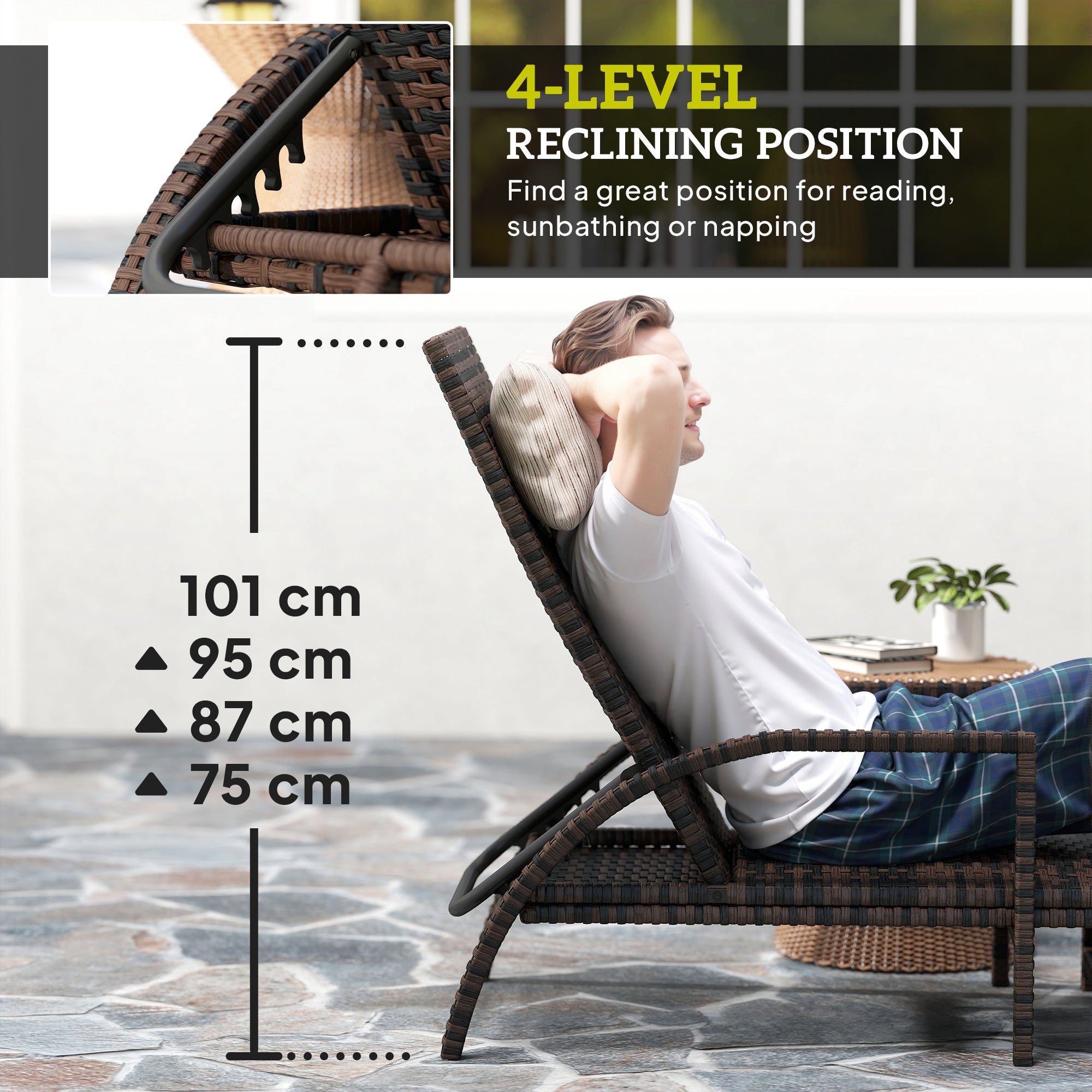Outsunny Reclining Rattan Lounger, with Extending Footrest - Brown