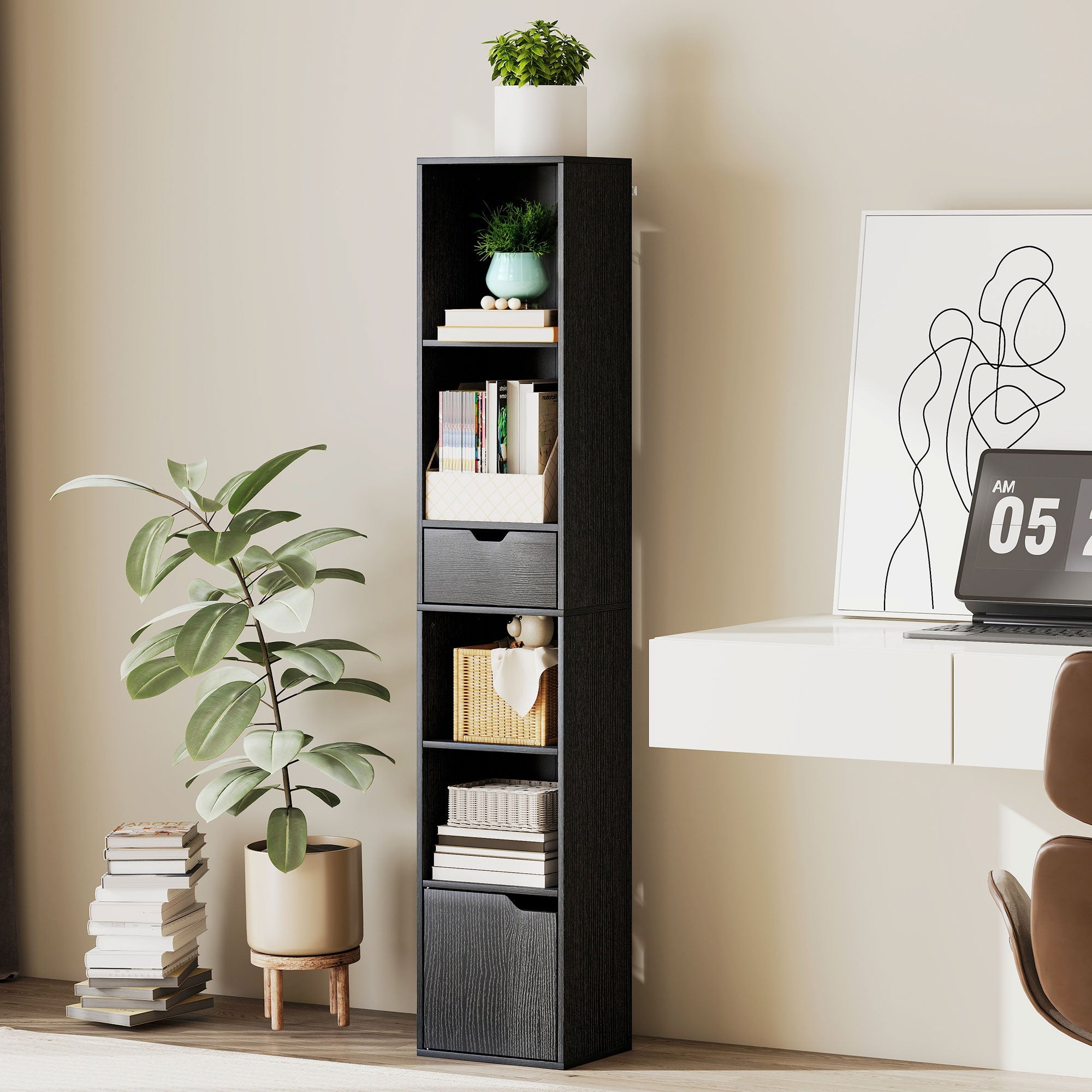 HOMCOM 6-Tier Bookcase, Tall Narrow Bookshelf with Drawer and Door - Black