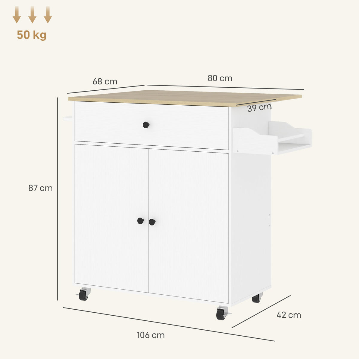 HOMCOM Rolling Kitchen Island with Drop Leaf, Kitchen Storage Cart with Drawer, Spice Rack and Towel Rack, White