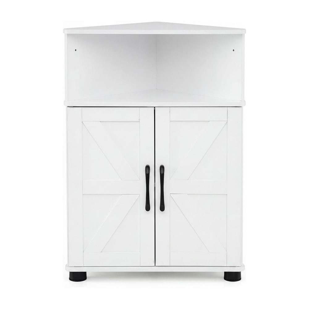 Farmhouse Bathroom Corner Storage Cabinet with two doors and an open top shelf