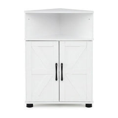 Farmhouse Bathroom Corner Storage Cabinet with two doors and an open top shelf