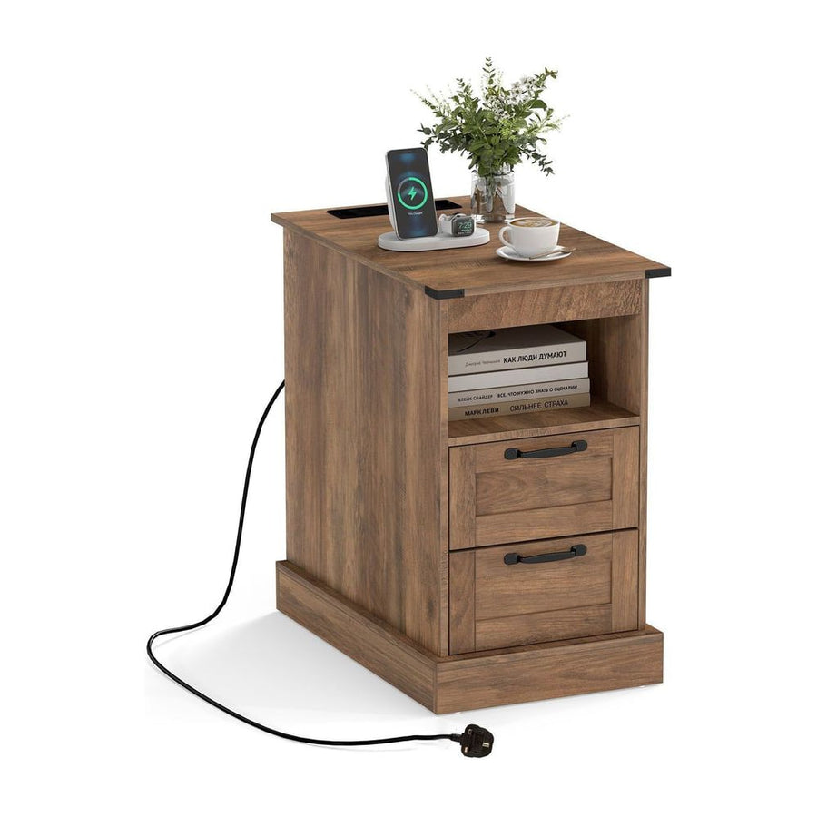 Farmhouse Nightstand with Charging Station and 2 Drawers-Rustic Brown