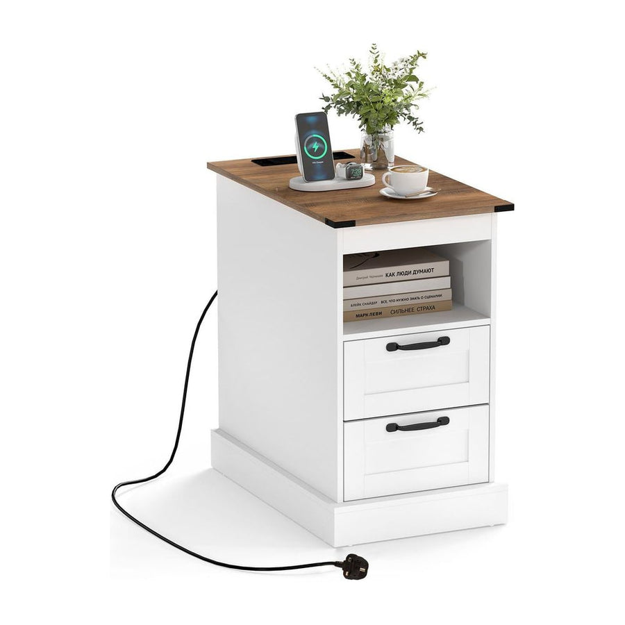 Farmhouse Nightstand with Charging Station and 2 Drawers-White