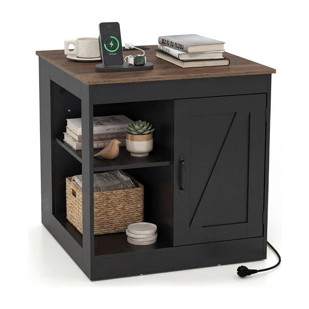 Farmhouse Nightstand with charging station bedside table with adjustable shelf in black