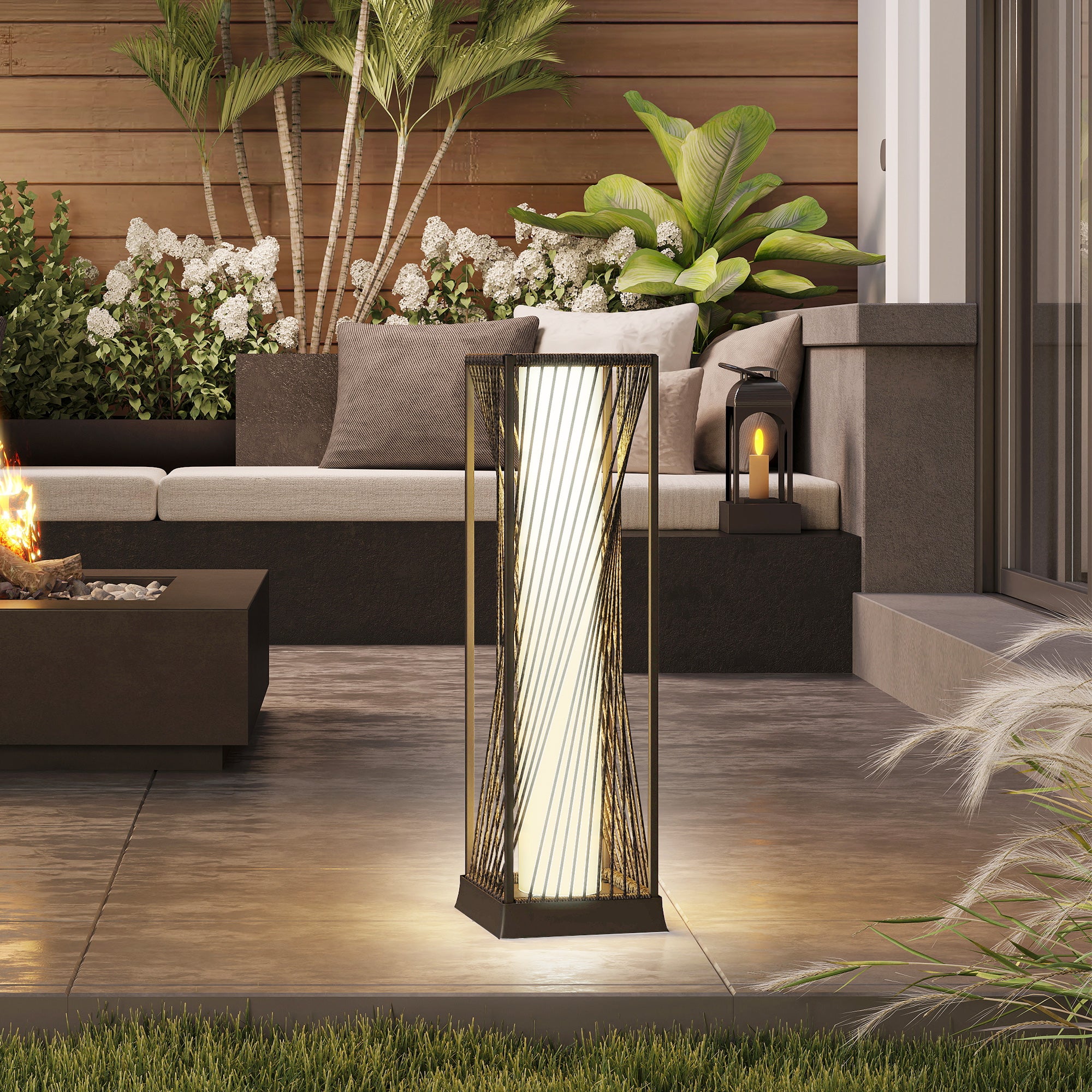 Outsunny Garden Rattan Lamp, 77 cm Tall Solar Rattan Floor Lamp, Solar Garden Light with Auto On/Off LED Lights, IP44 Waterproof for Outdoor, Porch, Pathway, Deck, Grey