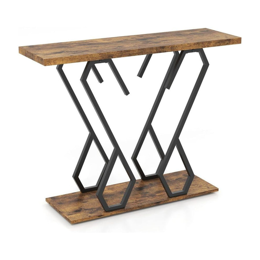 Faux Marble Console Table with Adjustable Foot Pads showing the rustic brown wood effect top and black metal legs