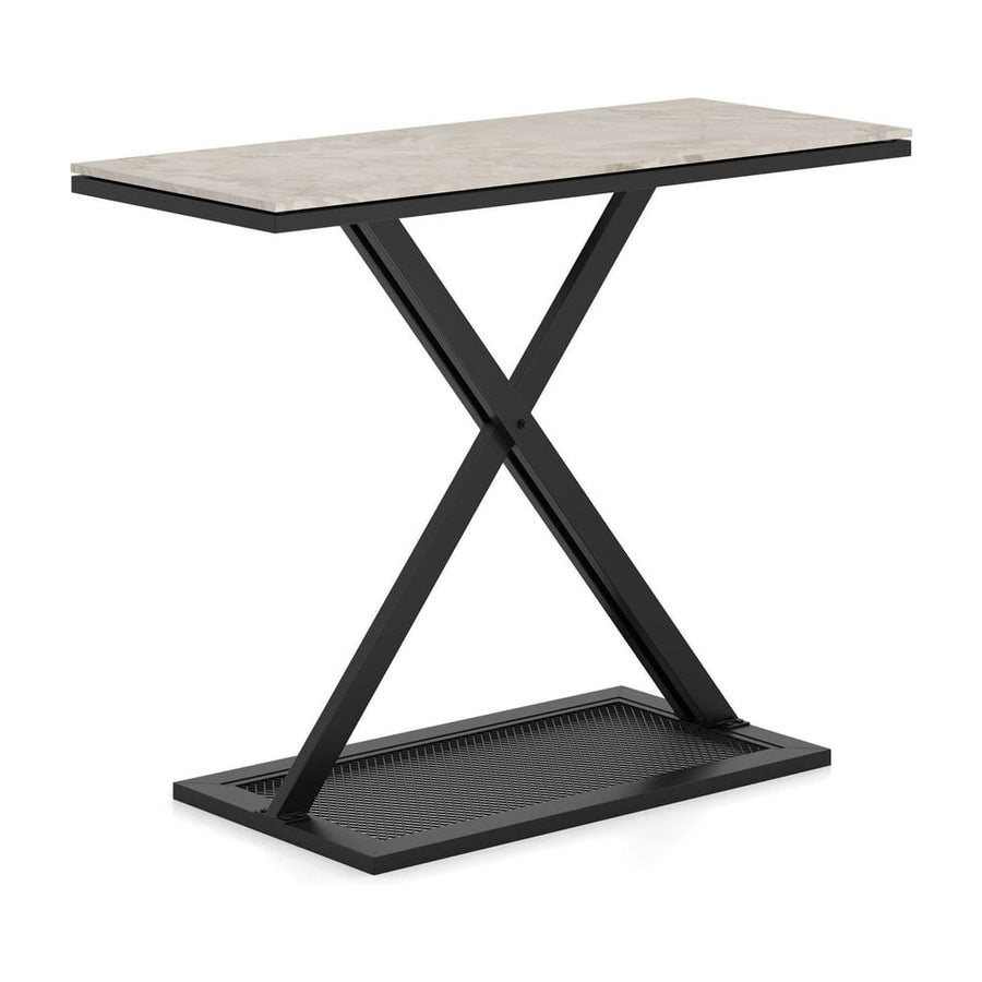 Faux Marble Top Metal Frame Entryway Console Table with a cross-shaped base and mesh shelf