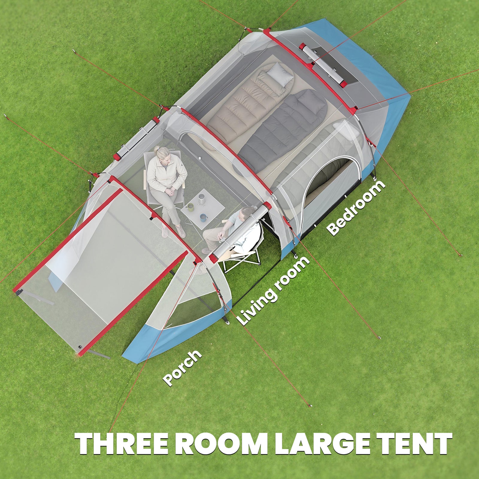 Outsunny 3 Person Tunnel Tent, Large Camping Tent with Bedroom, Living Room, Sewn-in Floor, 3 Doors, Carry Bag, 2000mm for Fishing, Hiking, Sports, Travelling, 510L x 240W x 180H cm, Blue