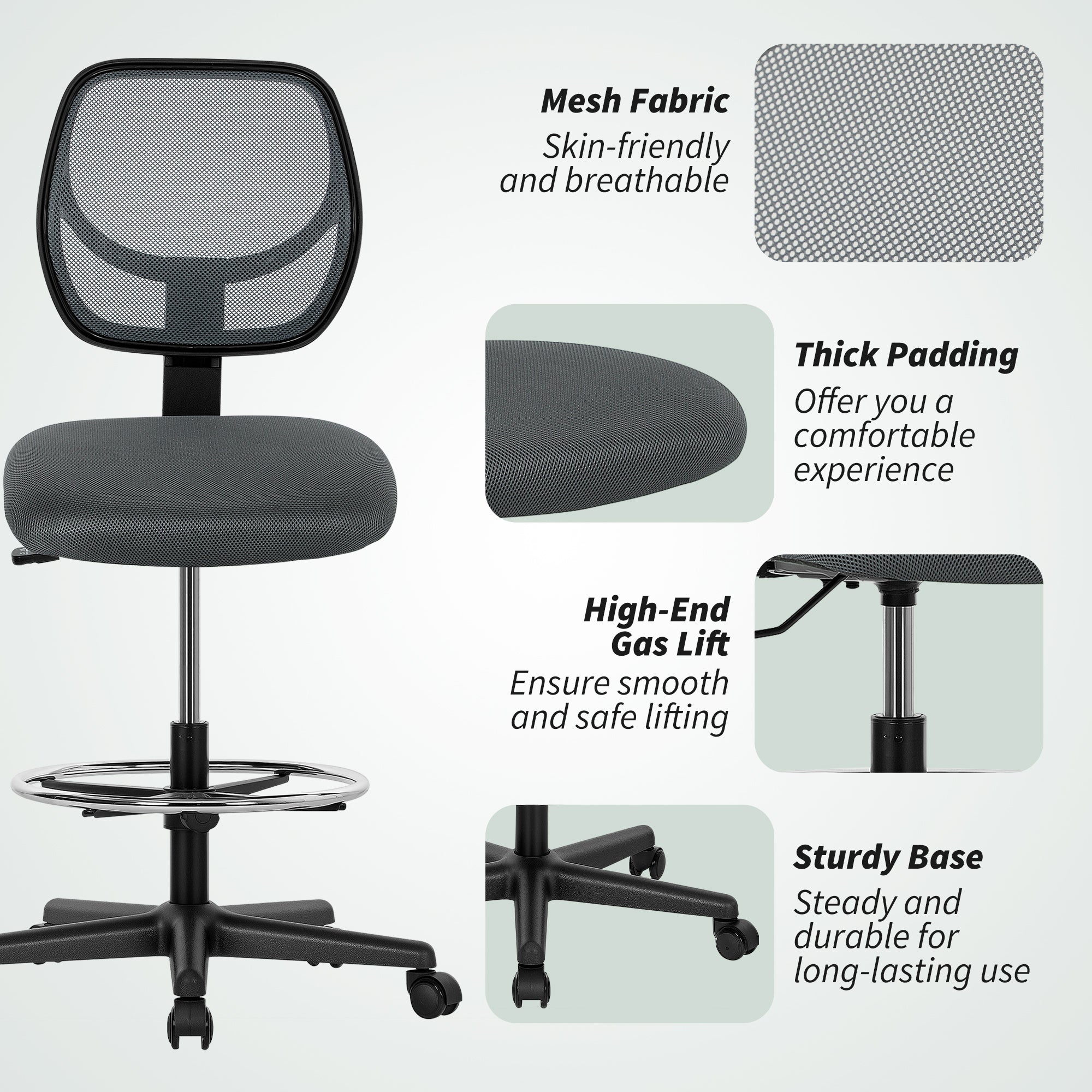 Vinsetto Ergonomic Mesh Standing Desk Chair with Adjustable Footrest Ring and Seat Height Charcoal Grey