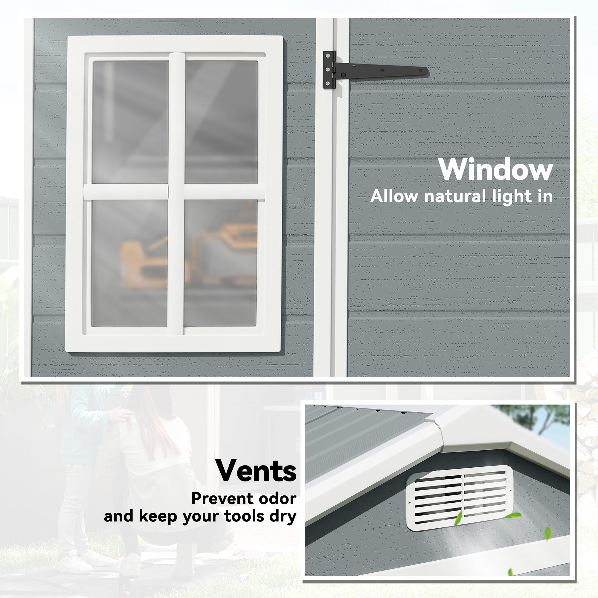 Outsunny 8 x 4 ft Resin Garden Shed, Wood-Effect Outdoor Storage Shed with Floor, Windows, Lockable Doors and Vents, Light Grey