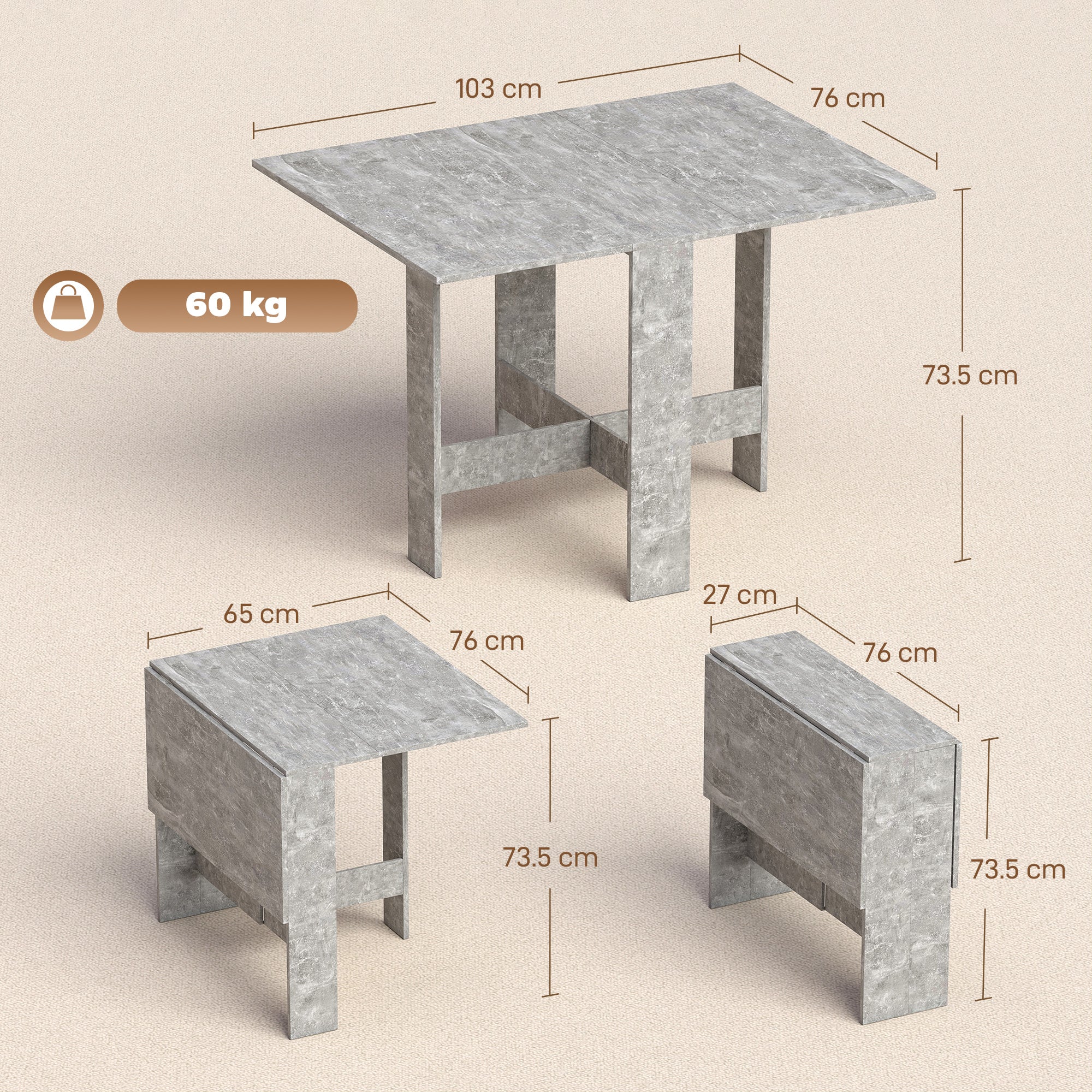 HOMCOM Folding Dining Table, Space-Saving Drop Leaf Kitchen Table for 4-6 People Grey