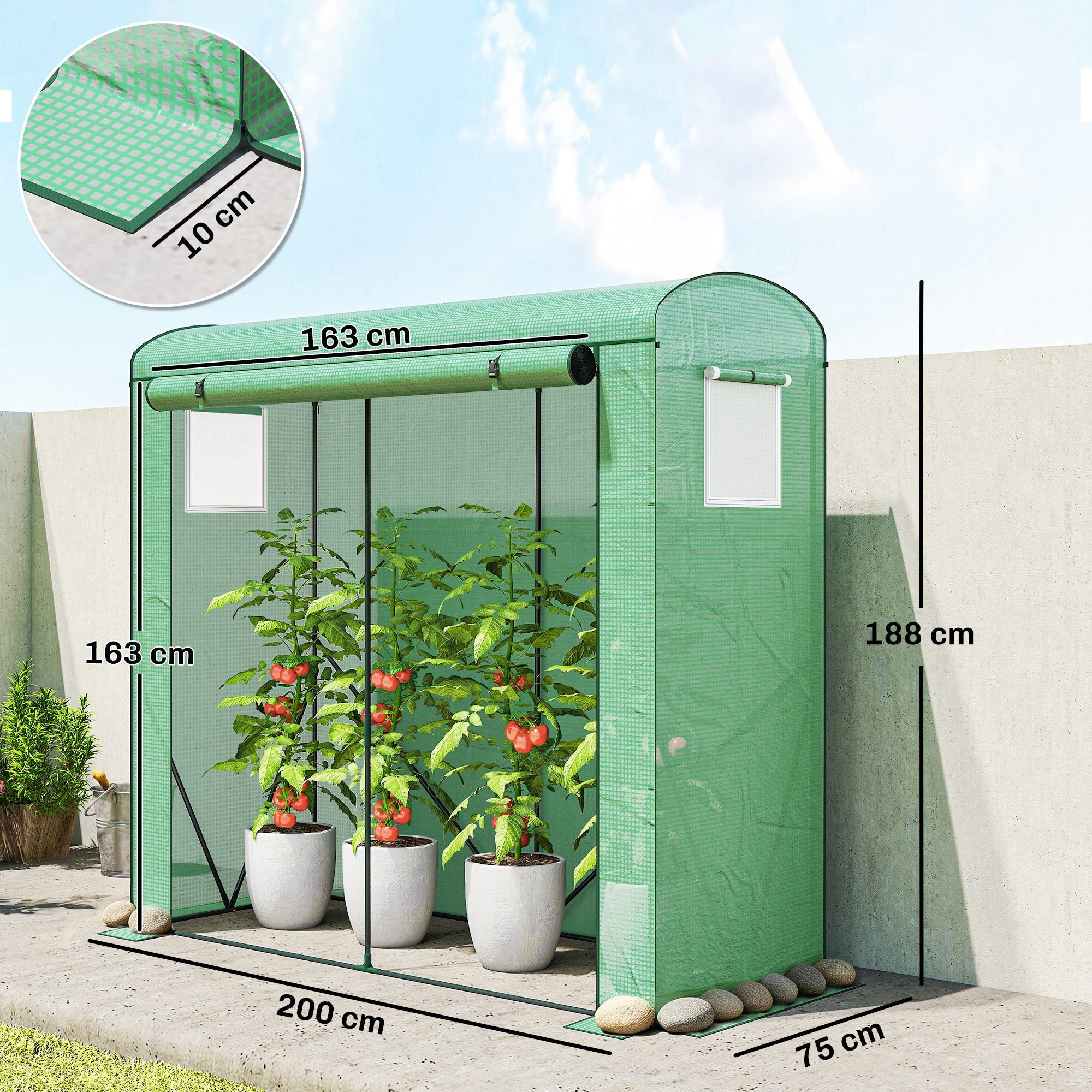 Outsunny Mini Greenhouse, Garden Tomato Growhouse with Roll-Up Door and 2 Mesh Windows, PE Cover, 200 x 75 x 188 cm, Green