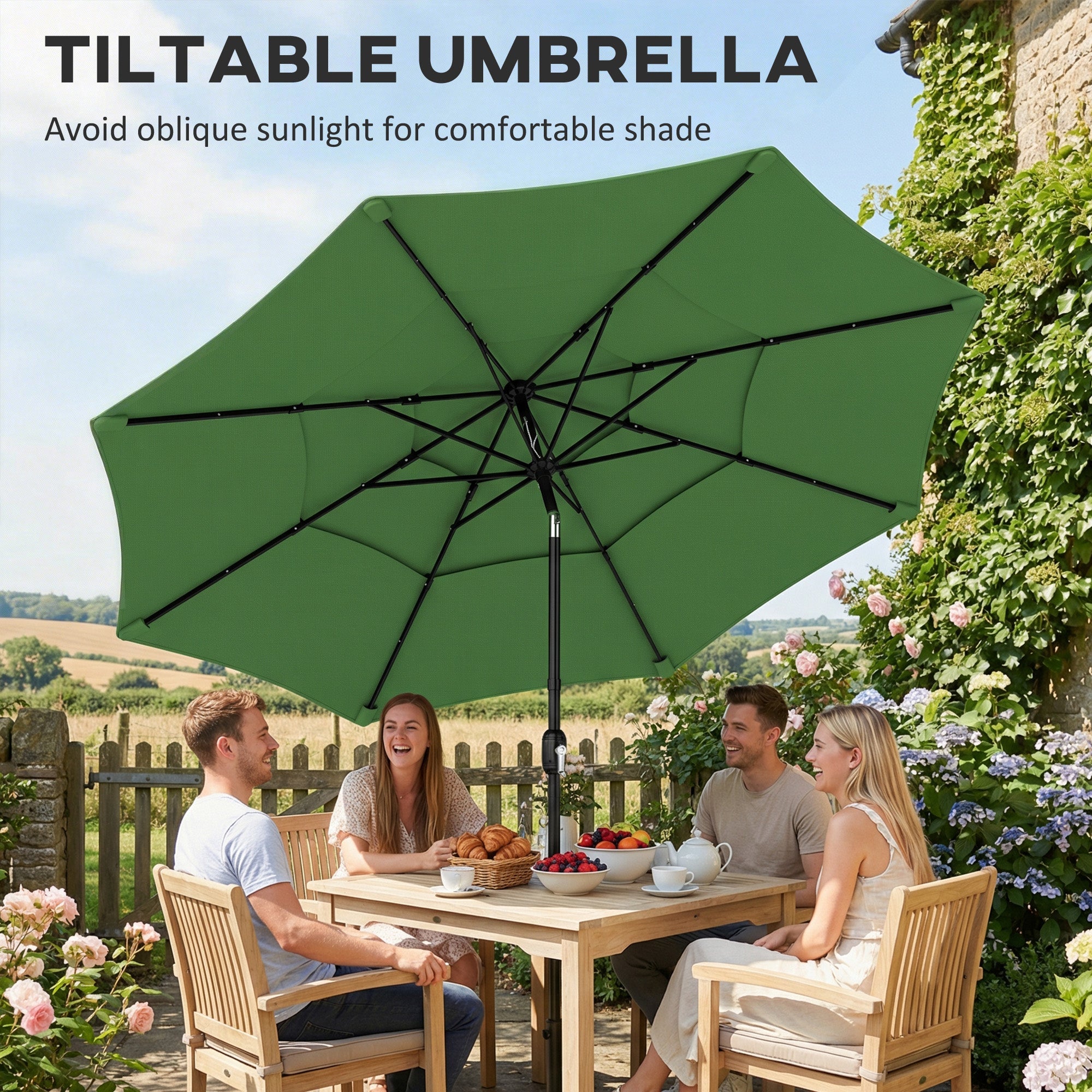 Outsunny Garden Parasol, Parasol Umbrella with 3-tier Roof, Crank Handle, Tilt Function, Polyester Canopy, Green
