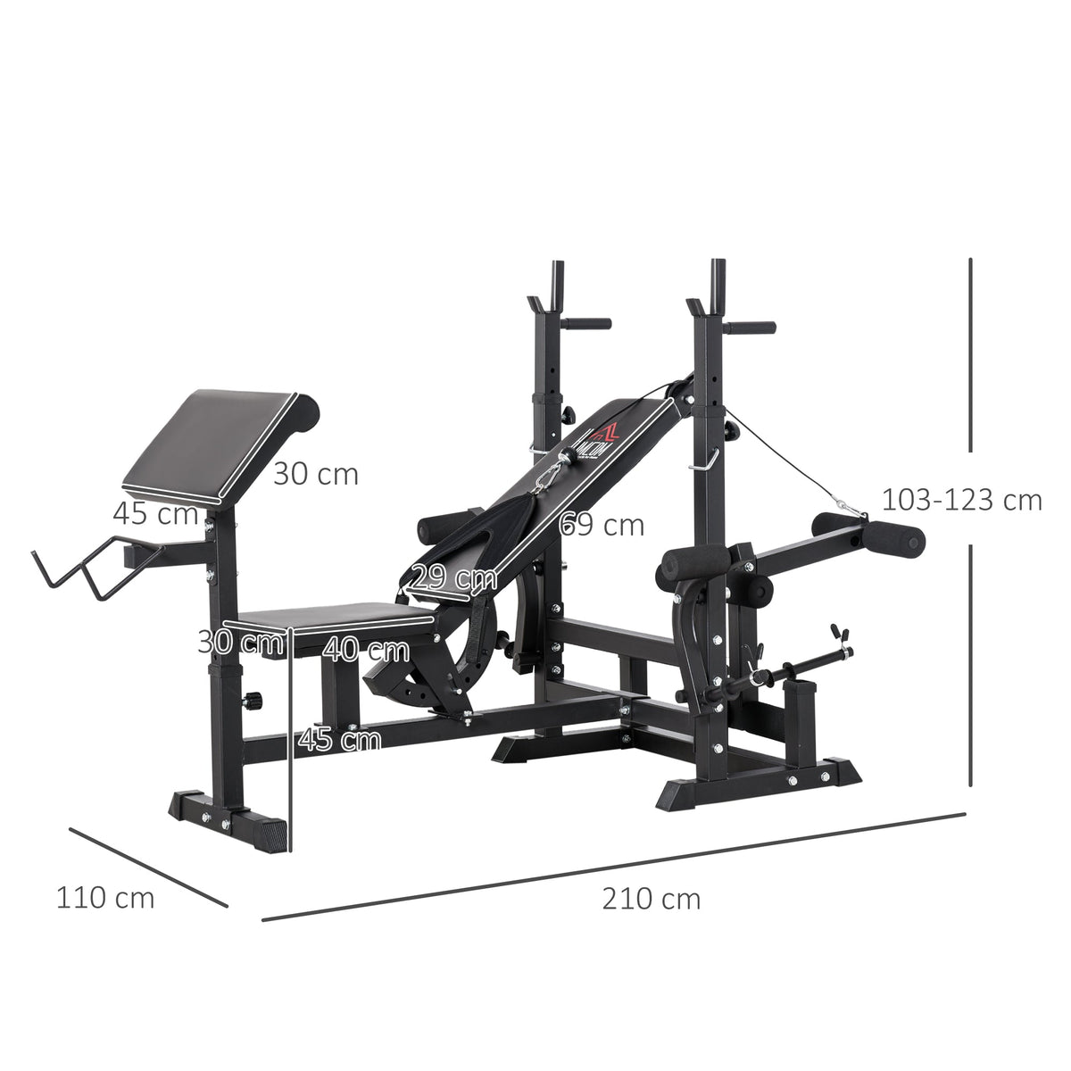 HOMCOM Weight Bench, 6 in 1 Adjustable Bench Press with Leg Extension, Barbell Rack, Preacher Curl Pad, Resistance Band, Multi-Function Home Gym Equipment for Strength Training Weightlifting