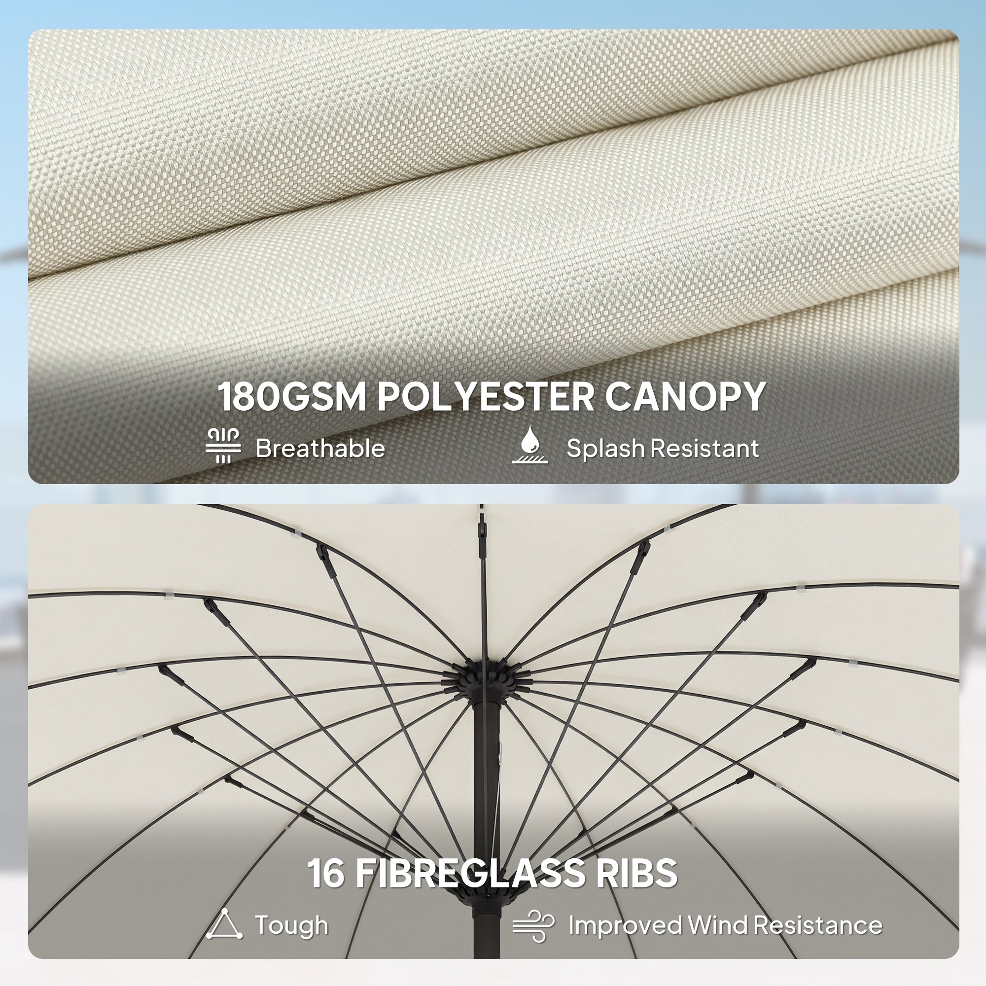 Outsunny 2 m Shanghai Garden Parasol Umbrella with 16 Fibreglass Ribs, Outdoor Parasol Sun Shade with Crank & Tilt, Cream White