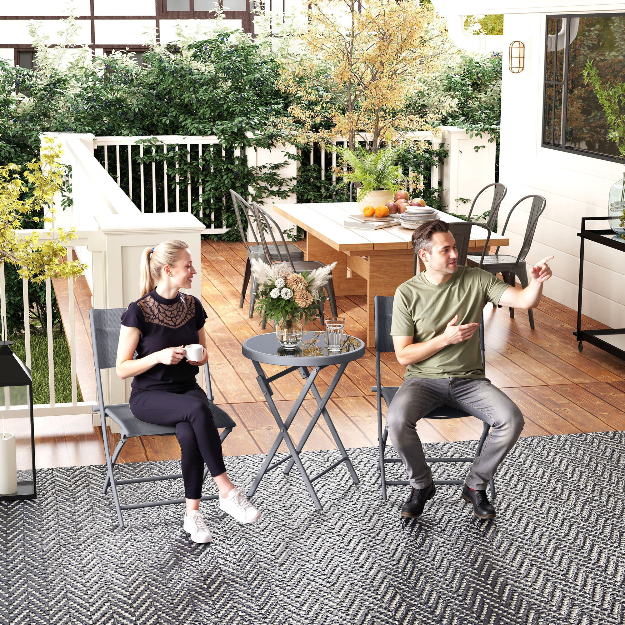 Outsunny 3 Pieces Outdoor Bistro Set, Glass Top Outdoor Table and 2 Folding Chairs with Protecting Feet, Grey