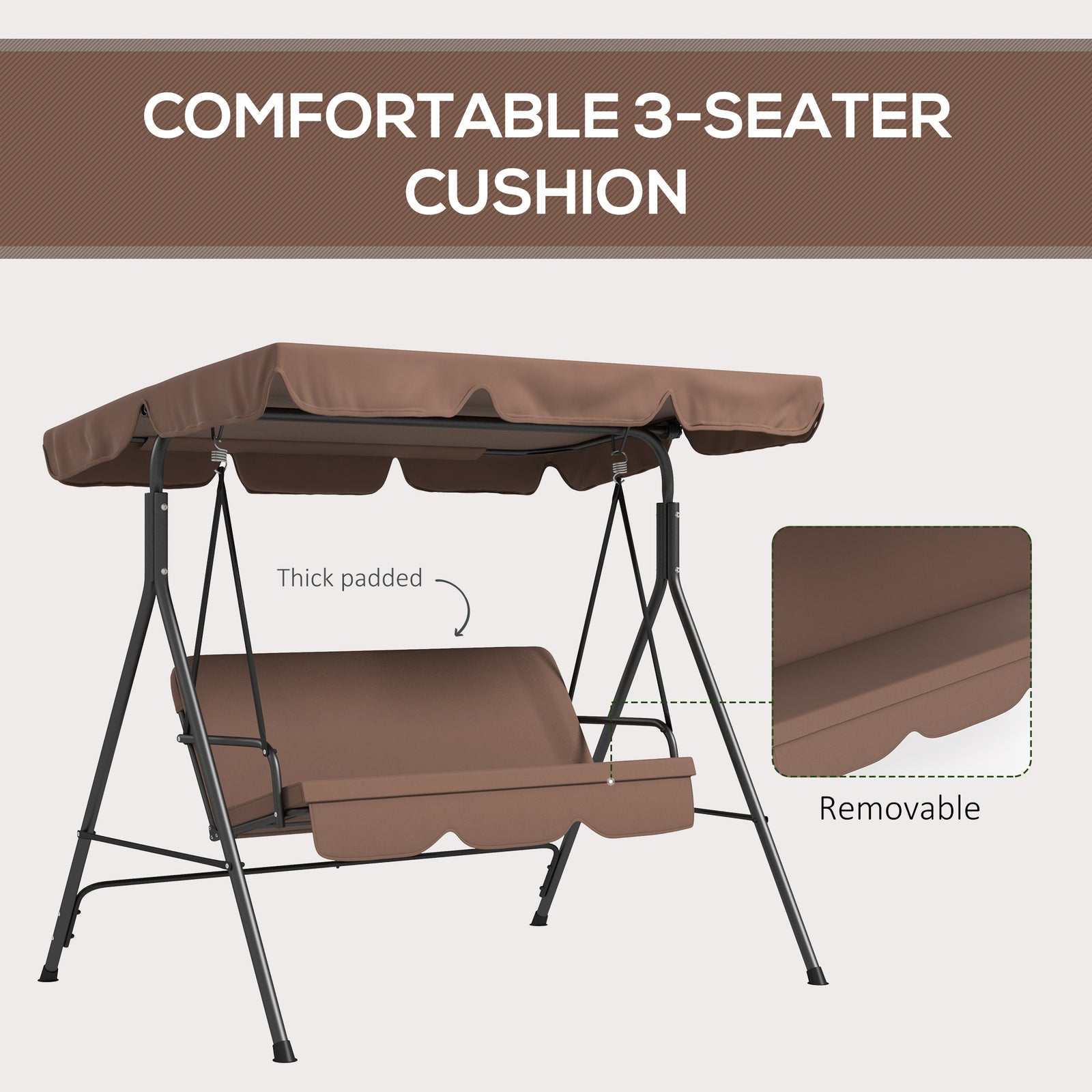 Outsunny 3 Seater Garden Swing Chair, Outdoor Swing Chair with Adjustable Canopy, Mental Frame & Cushions, Brown