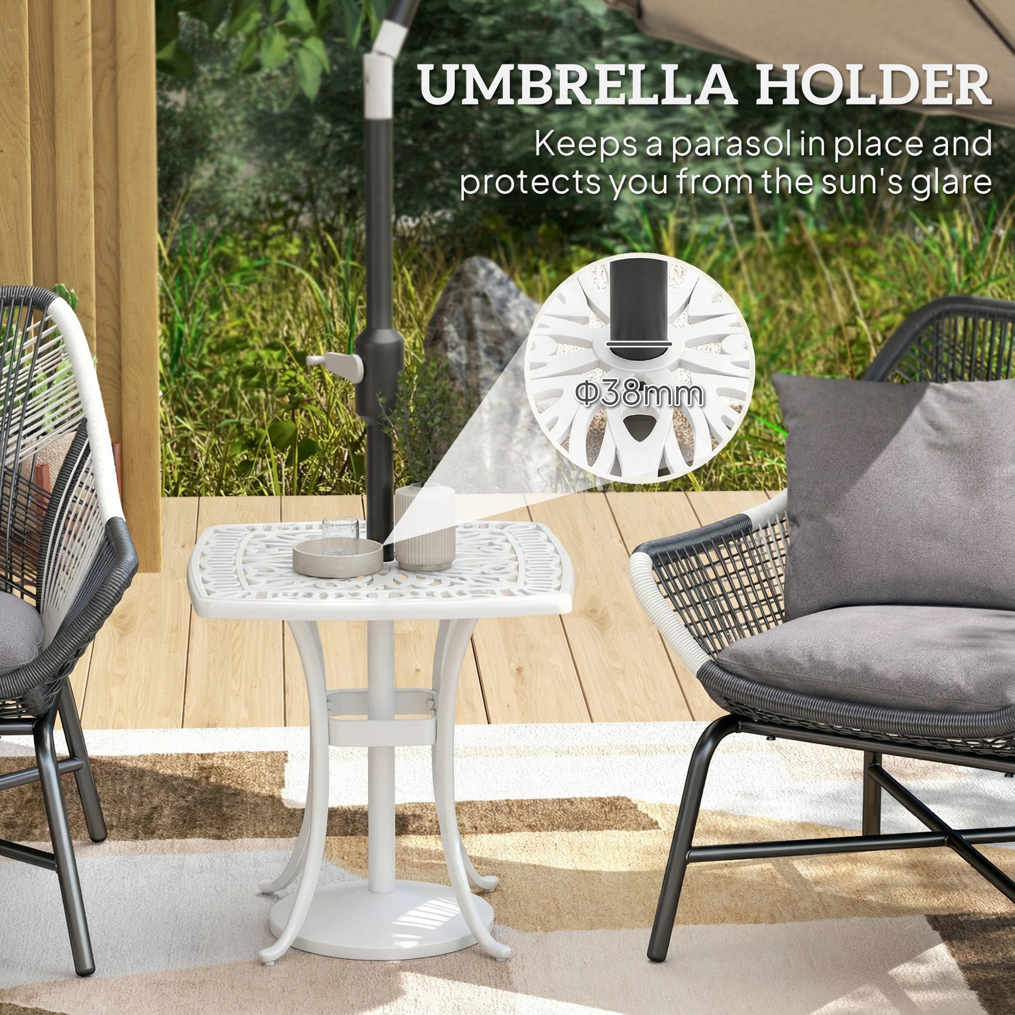 Outsunny Outdoor Garden Table with 38mm Dia. Umbrella Hole, Cast Aluminium Patio End Table with Anti-slip Foot Pads for Garden