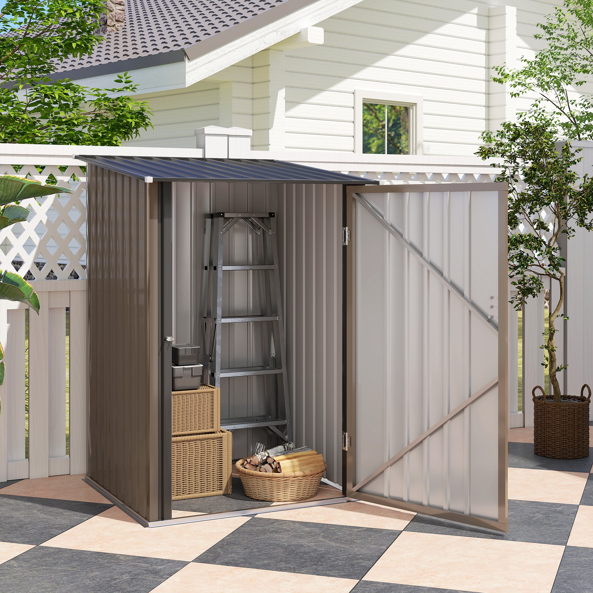 Outsunny 3.3 x 3.4ft Lean To Steel Garden Shed, with Locking Door - Brown/Grey
