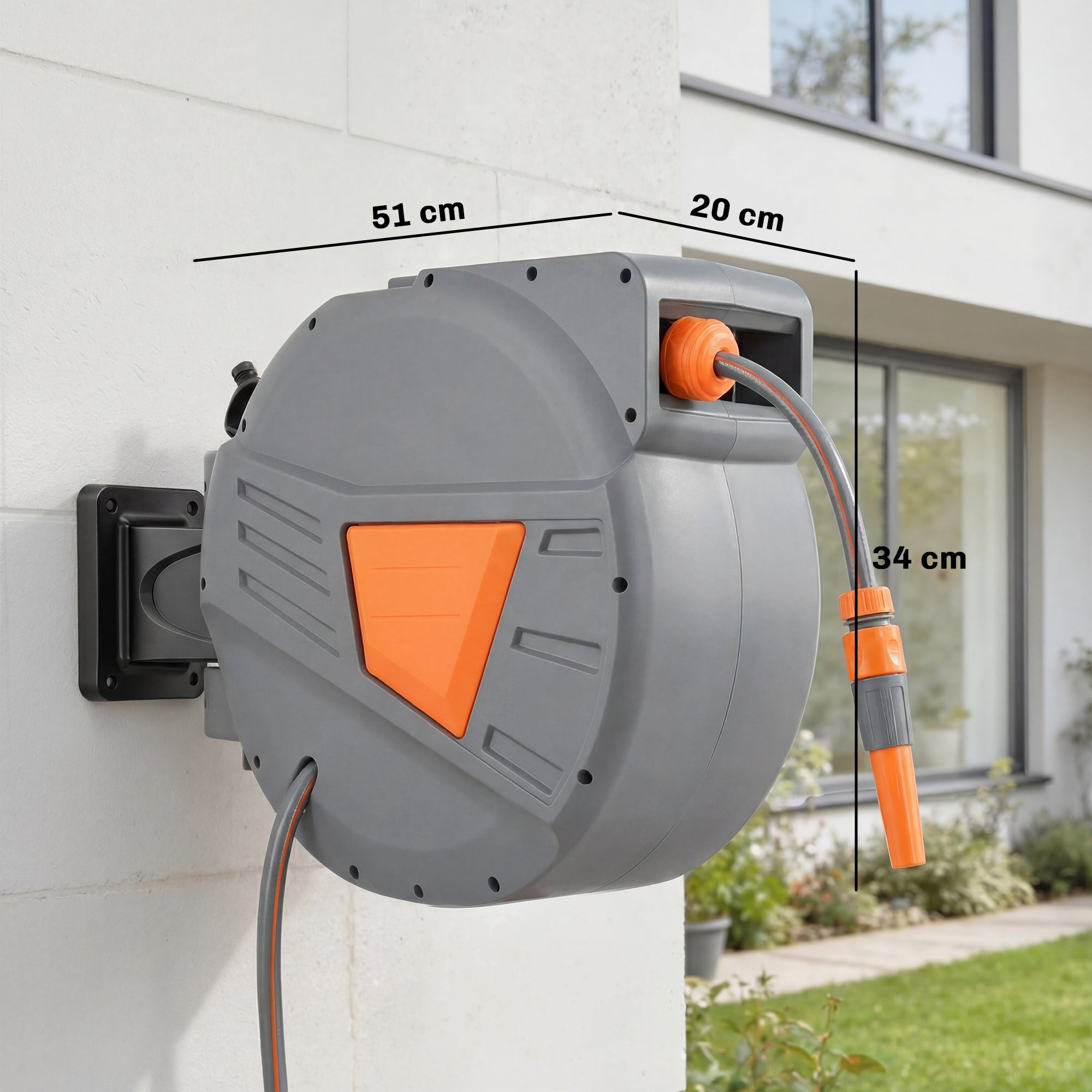 Outsunny Retractable Hose Reel Wall Mounted, 20+1.6m Garden Hose Pipe Reel with Auto Retraction, Self-Locking, Orange