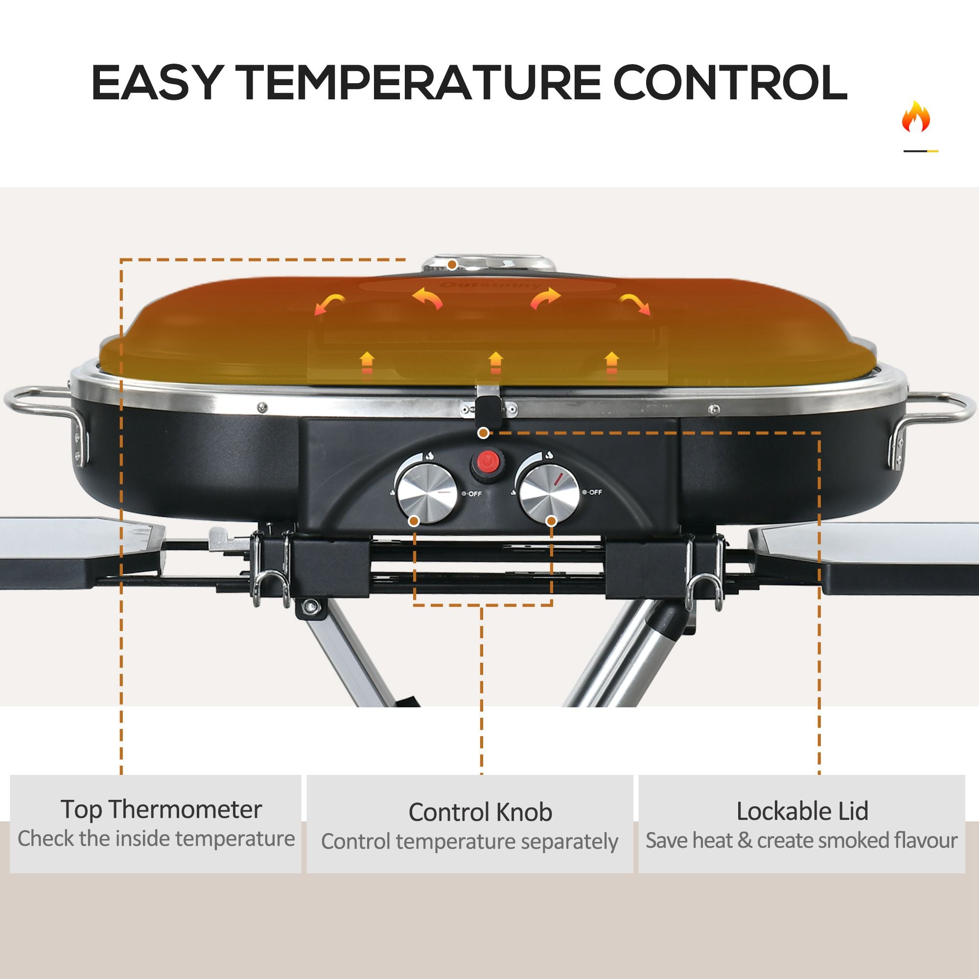 Outsunny Foldable Gas BBQ Grill 2 Burner Garden Barbecue Trolley w/ Lid Side Shelves Storage Pocket Piezo Ignition Thermometer, Aluminium Alloy