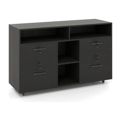 File Cabinet with Lock Mobile Lateral Filing Storage Organizer in black, showing the front with drawers and shelves