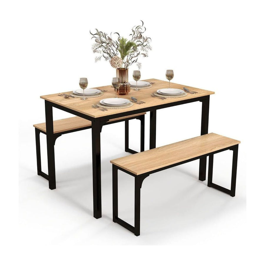 3 Pieces Space-Saving Dining Breakfast Table Set with 2 Benches-Natural