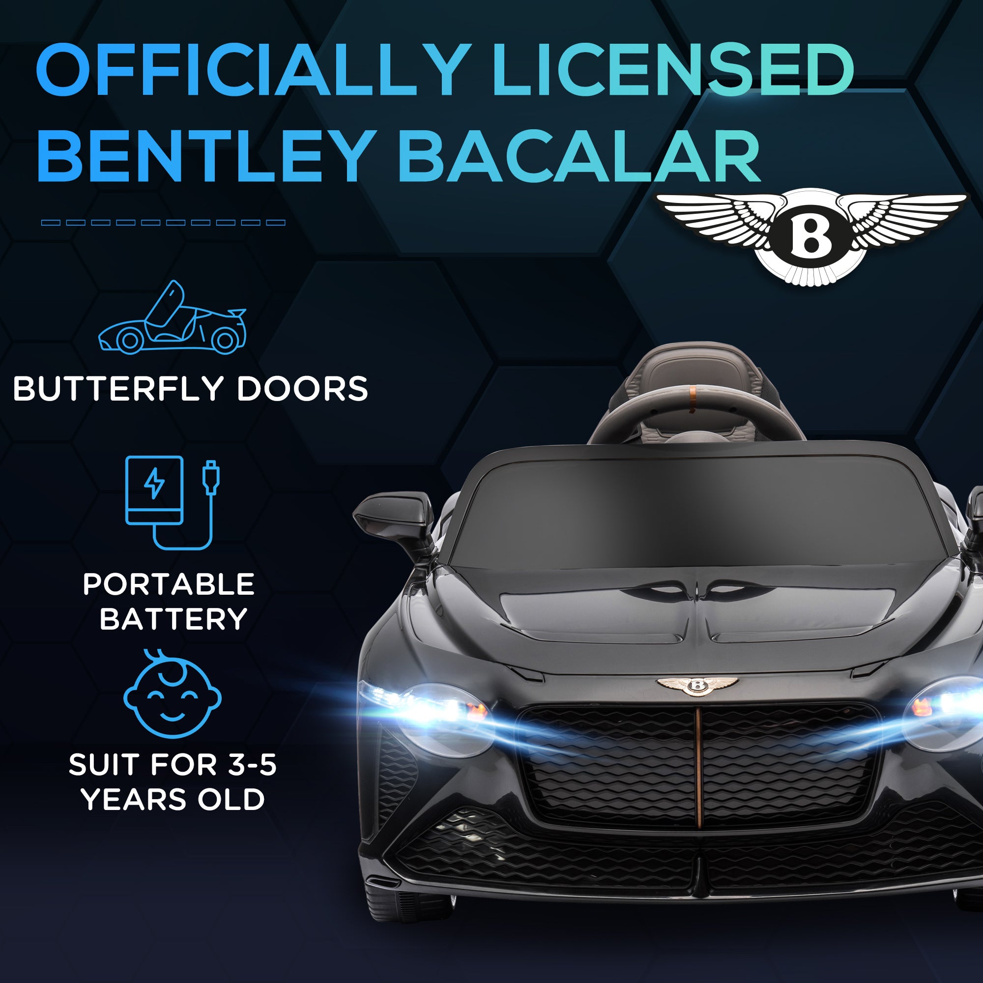 HOMCOM Bentley Bacalar Licensed 12V Kids Electric Car, with Remote Control, Black