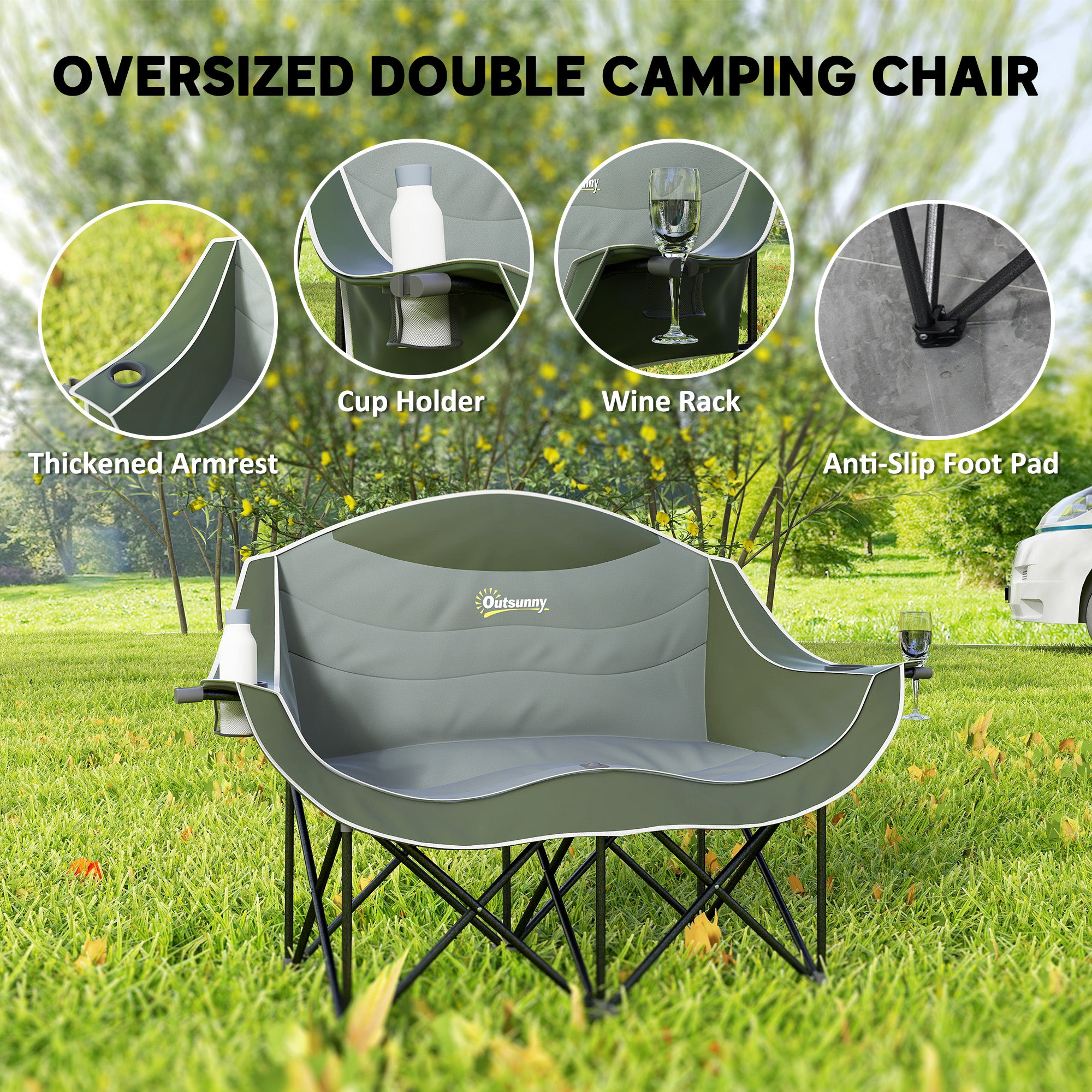 Outsunny Double Camping Chair for Adults with Armrests, Heavy Duty Oversized Padded Folding Chair with Carry Bag, Cup Holders for Outdoor Hiking Picnic Camping Fishing, 250kg Capacity, Green