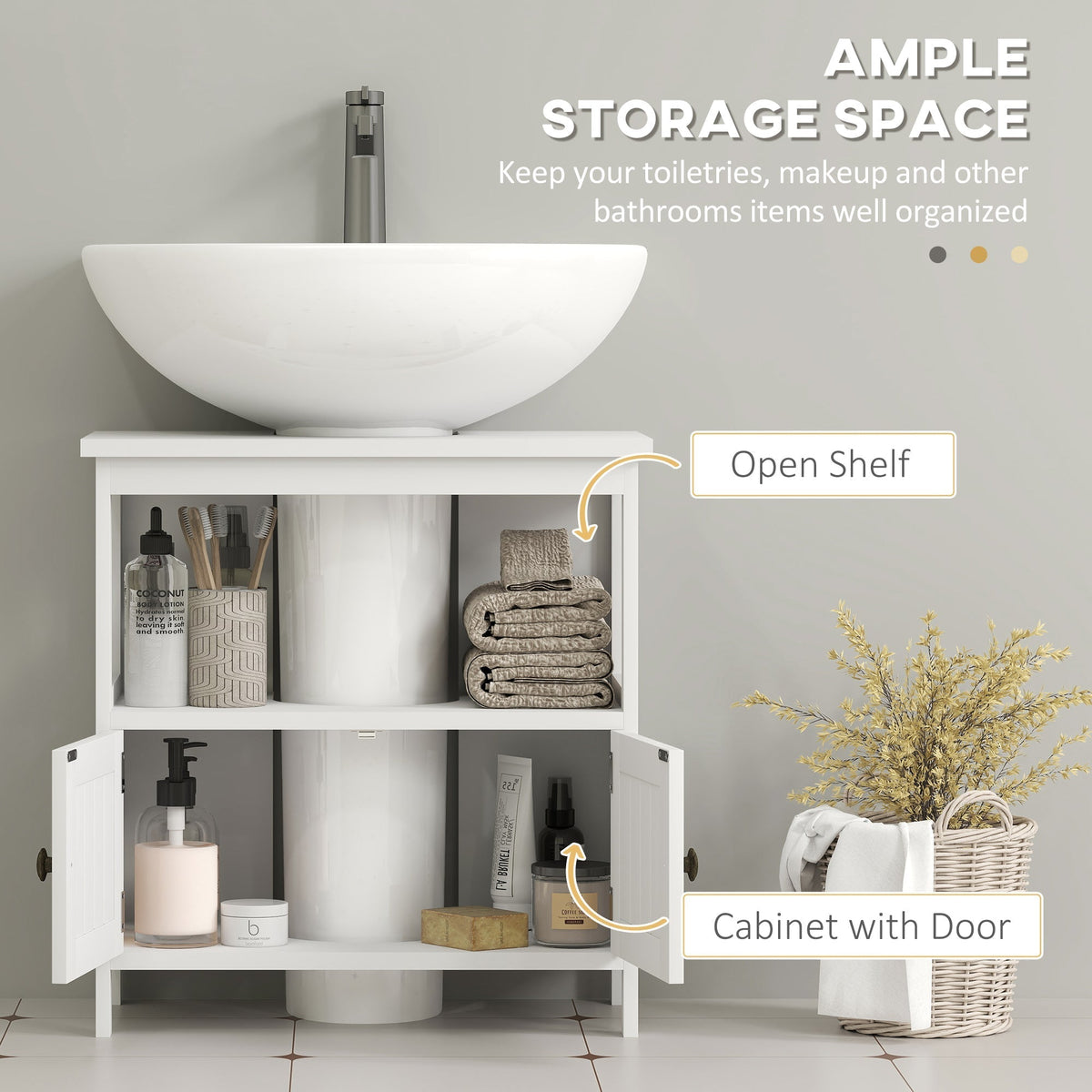 kleankin Pedestal Under Sink Cabinet with Double Doors, Modern Bathroom Vanity Storage Unit with Shelves, White