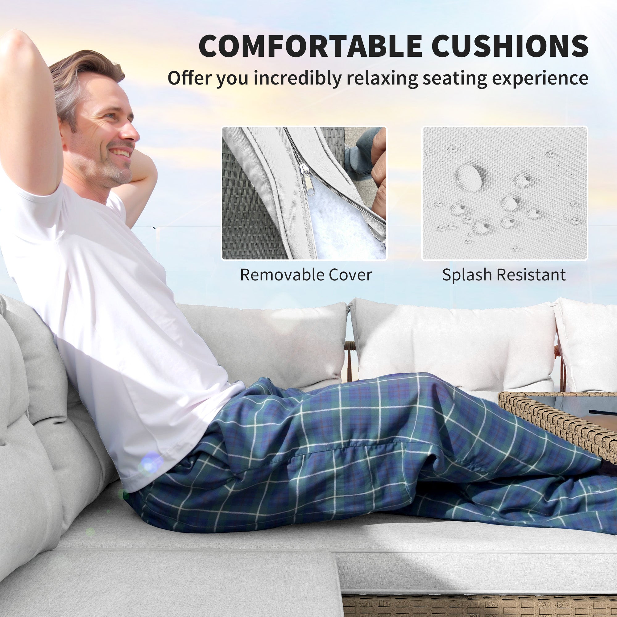 Outsunny 6 Piece Rattan Garden Furniture Set, 8 Seater Garden Corner Sofa with Cushions and Glass Top Table, Sectional Outdoor Furniture Conservatory Set for Patio, Cream White