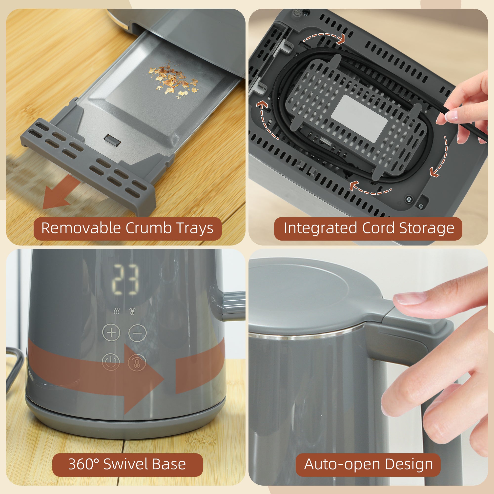 HOMCOM Digital Kettle and Toaster Set, 1.5L 3000W Fast Boil Kettle, 2 Slice Toaster Kitchen Set with 7 Level Browning Controls, Defrost, Reheat, Keep Warm, Crumb Tray and LED Touch Display, Grey