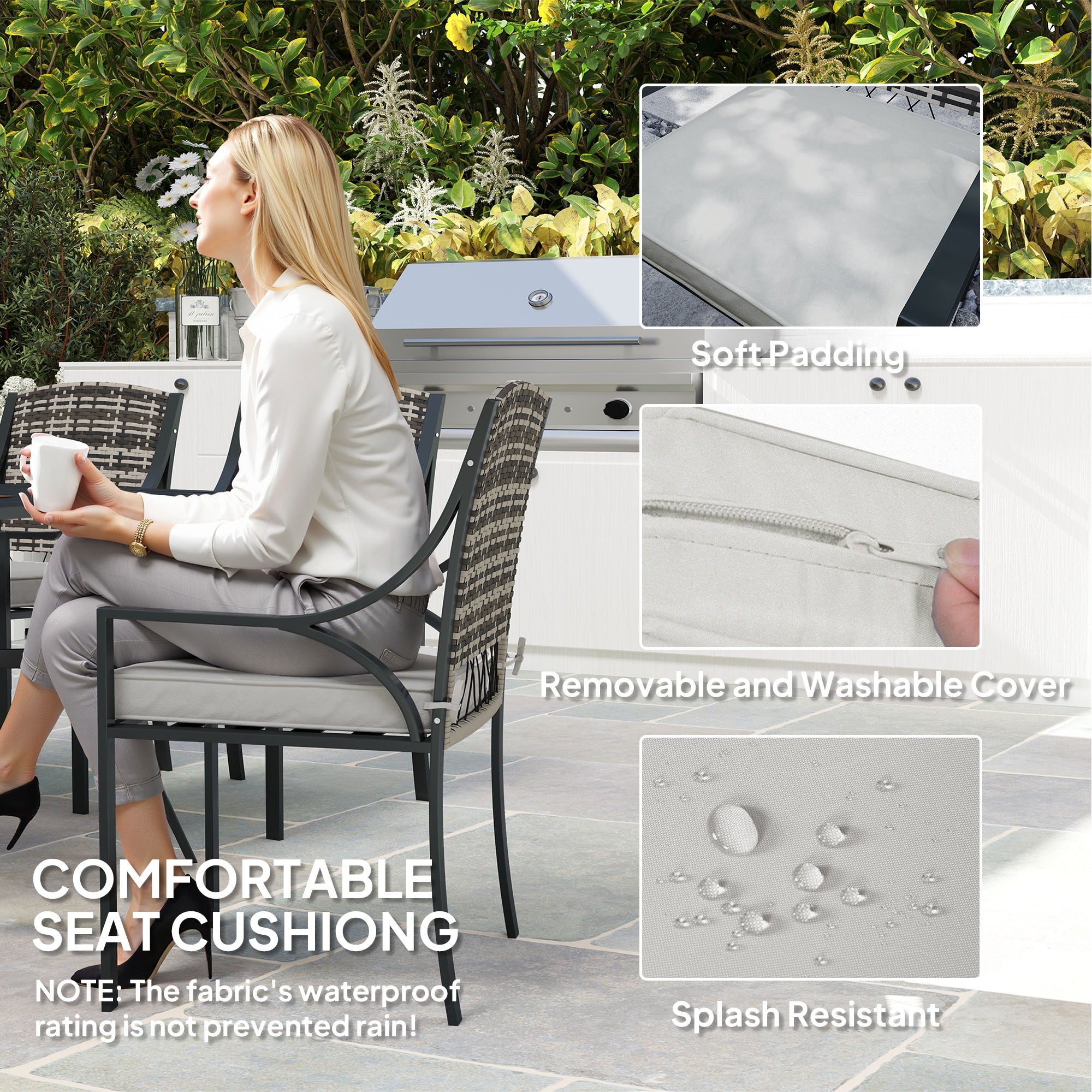 Outsunny Rattan Garden Furniture Set with Cushions, 6 Seater Rattan Dining Set with 6 Armchairs, 150 x 96cm Rectangular Table, Umbrella Hole, for Outdoor, Patio, Balcony, Terrace, Conservatory