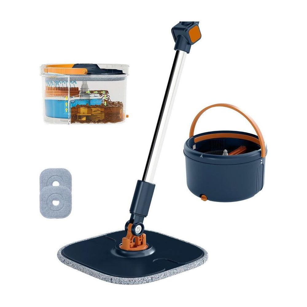 Flat Floor Mop and Bucket System with a navy bucket and two spare grey microfiber cleaning pads
