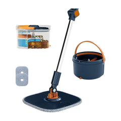 Flat Floor Mop and Bucket System with a navy bucket and two spare grey microfiber cleaning pads