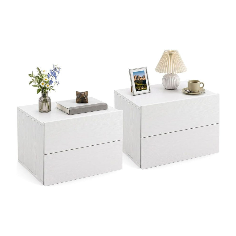 Floating Nightstand Set of 2 with Storage Drawers for Small Space-White, two white bedside tables with drawers