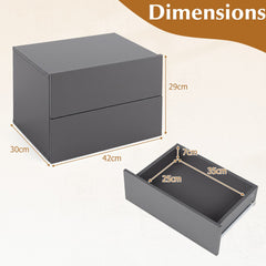 The bedroom furniture showing external dimensions and an open drawer with measurements