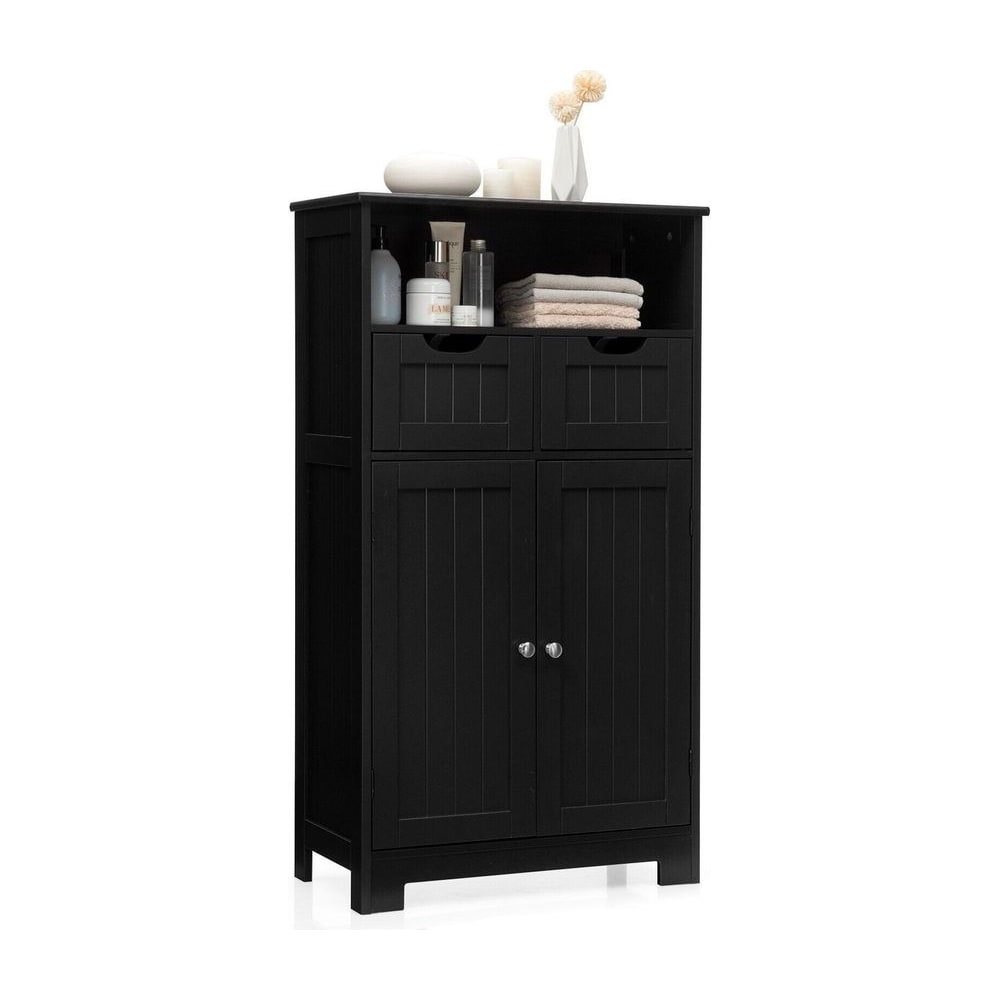 Floor Standing Utility Cabinet with Adjustable Drawers in black with open shelf and two drawers