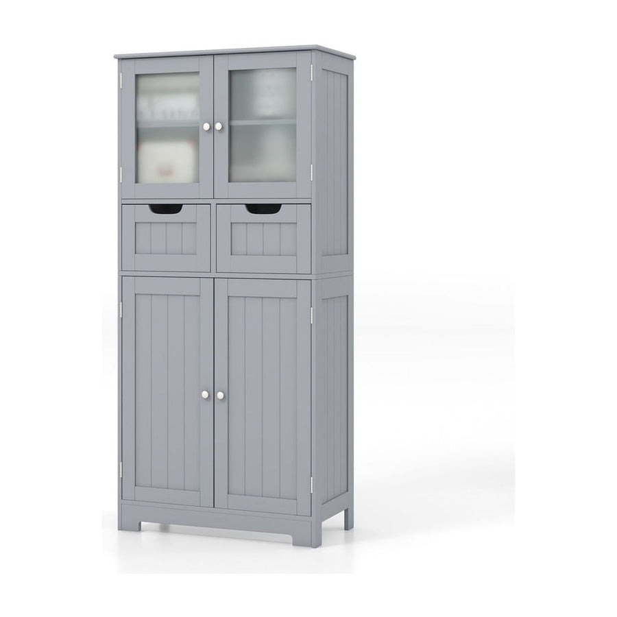 Floor Storage Cabinet with 2 Glass Doors, 2 Drawers and Adjustable Shelves-Grey