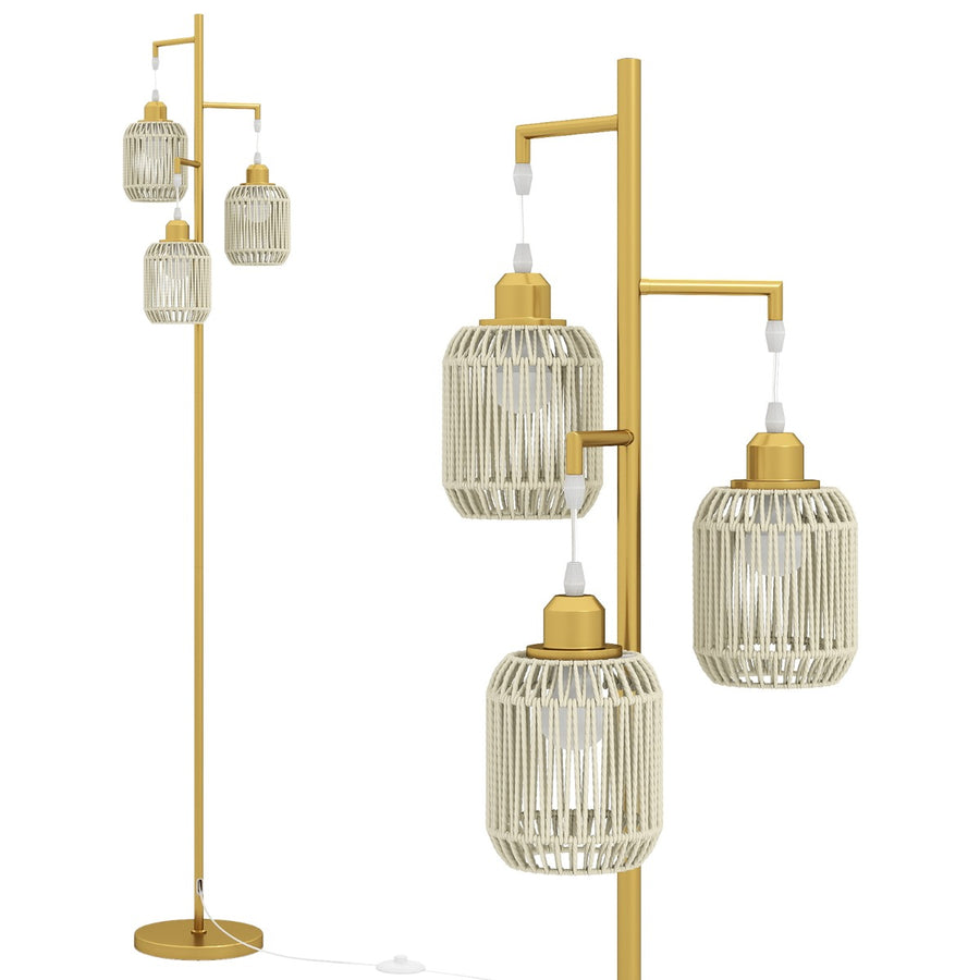 3-Light Floor Lamp with 3 Boho Paper Woven Lampshades and Weighted Base-Golden